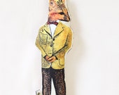 Little Dapper Fox Boy Stuffed Critter Collectible Art Plush - Vintage Retro Look Soft Stuffed Animal Birthday Hat, Collage Illustration