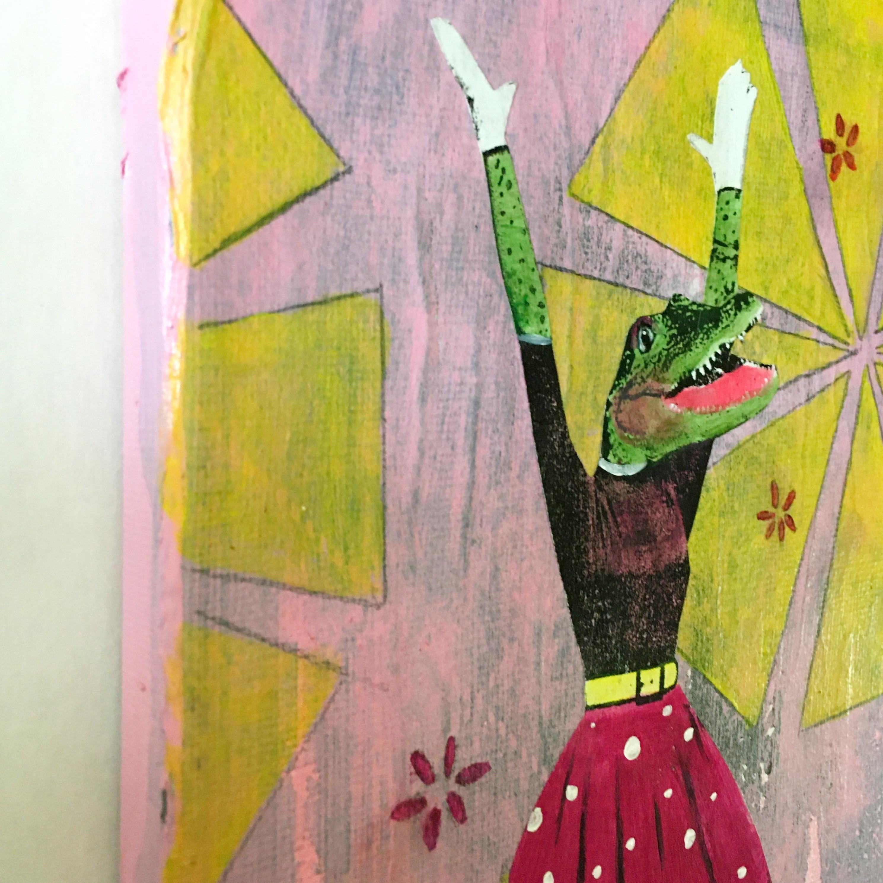 Retro Alligator Painting, Vintage Inspired Mixed Media Art, Collage Wall Painting, Original Acrylic Wall Art, Weird Animal Lover Gift Magent - Thumbnail 2