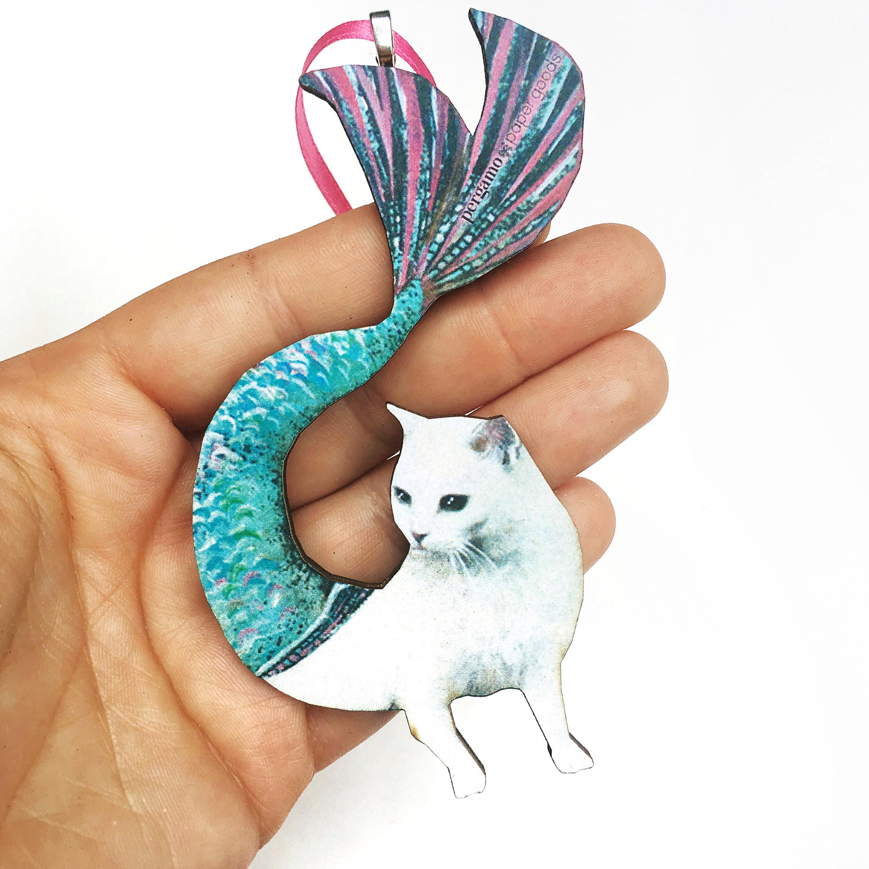 Mermaid Cat Ornament, Collectible Christmas Decoration Ornaments, Weird Gift, Laser Cut Wood, Animal Rescue Foster Gifts for Cat Lovers - Thumbnail 2