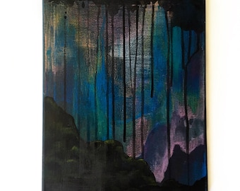 May include: Abstract painting on canvas with a dark, textured black border. The artwork features a blend of blues, greens, and purples, with black vertical drips and a dark, textured base, creating a moody, atmospheric effect.