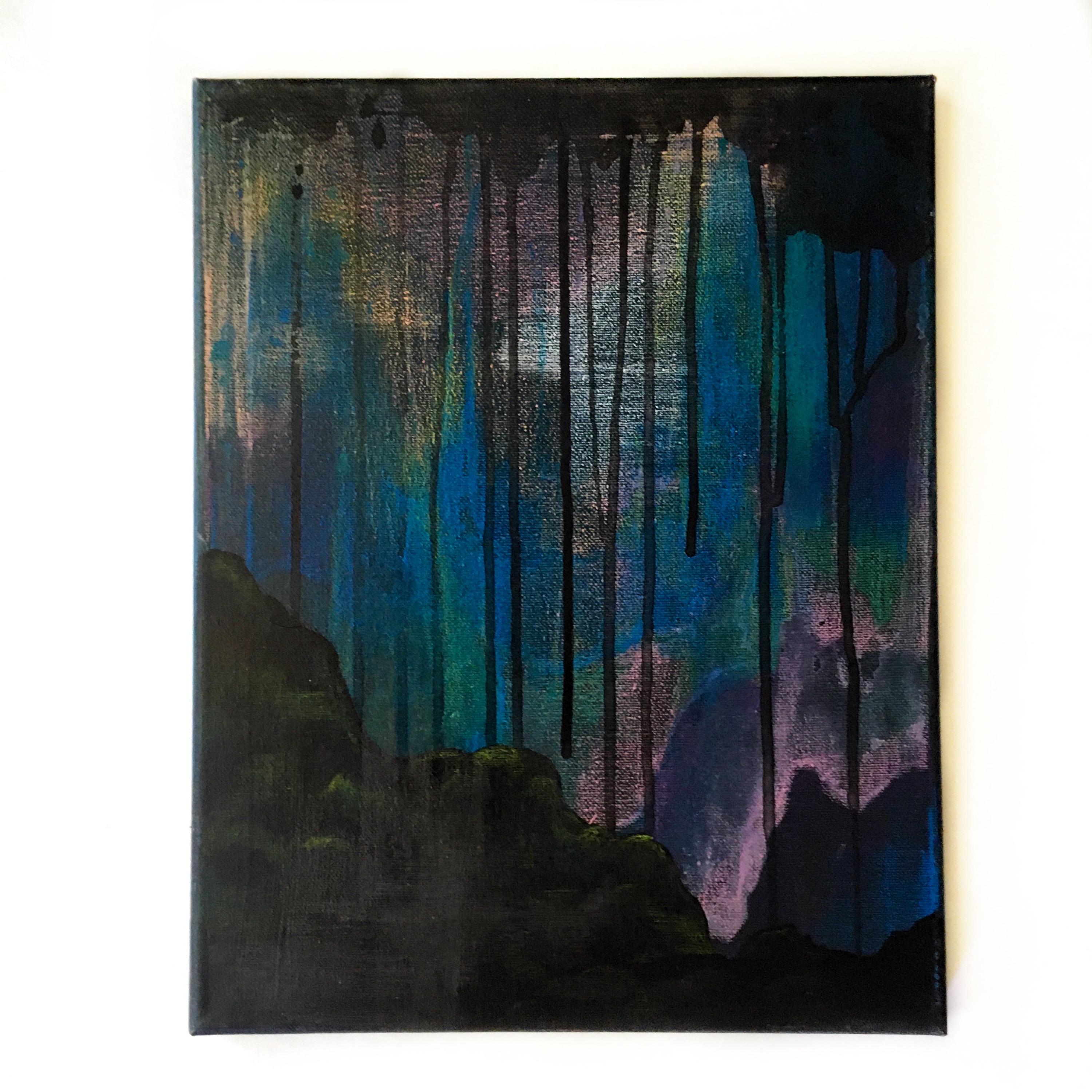 Black Abstract Painting, Mountain Landscape Cave Inspired Colorful Mixed Media Art, Collage Wall Painting, Original Acrylic Wall Art