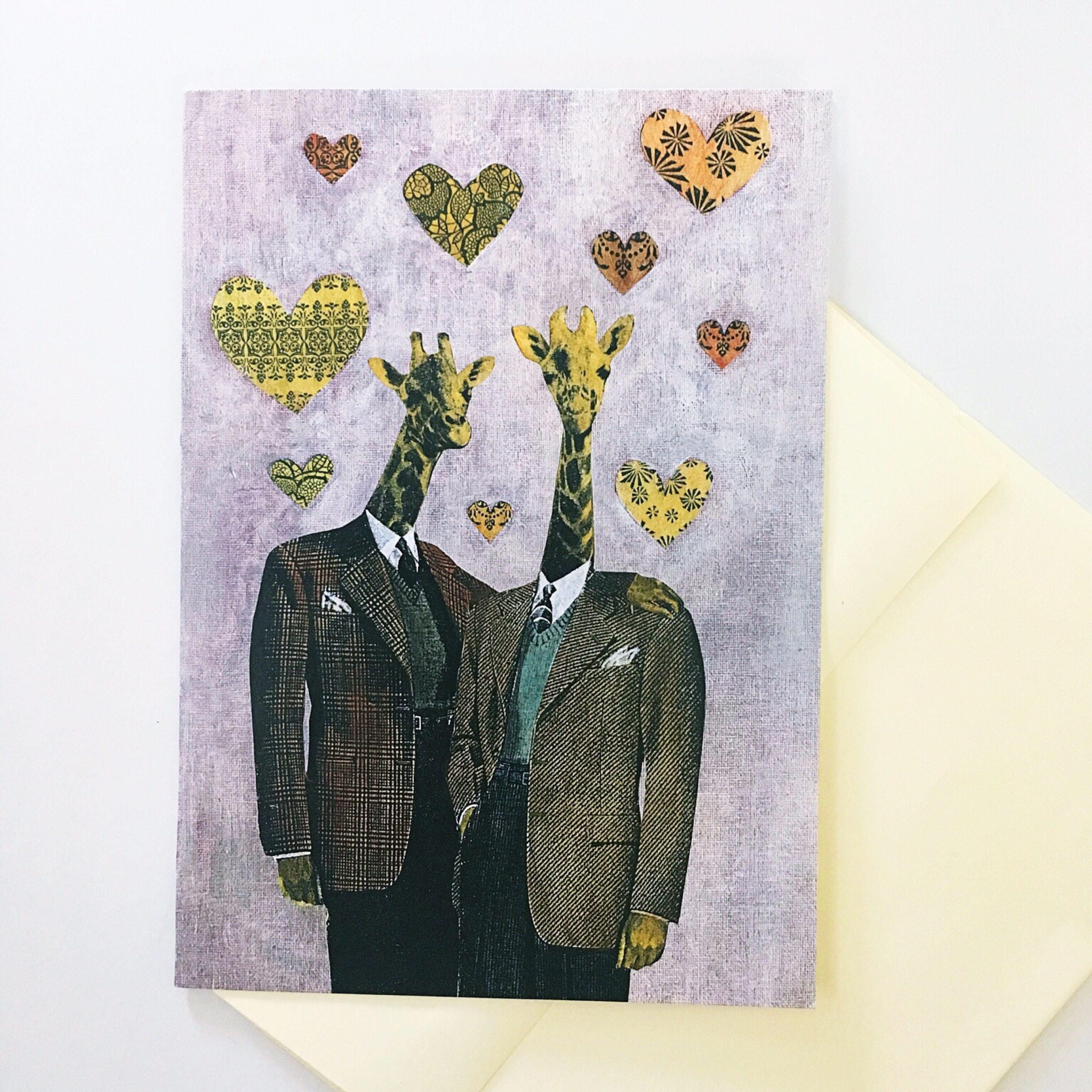 Gay Card, Giraffe LGBTQ Love Greeting Cards, Gay Marriage, LGBT Cards for Men, Animals in Clothes, Weird Wedding Gift, Queer Love Hearts - Thumbnail 2