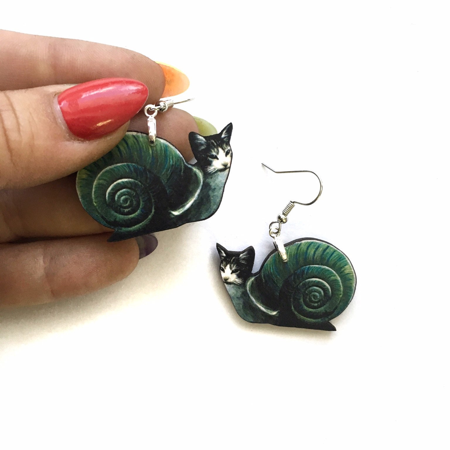 Weird Cat Earrings, Snail Jewelry, Kitschy Cat Lover Gifts, Funny Jewelry, Kitsch Cat Mom Gift, Illustrated Laser Cut Wood, Clip Ons Cats - Thumbnail 2