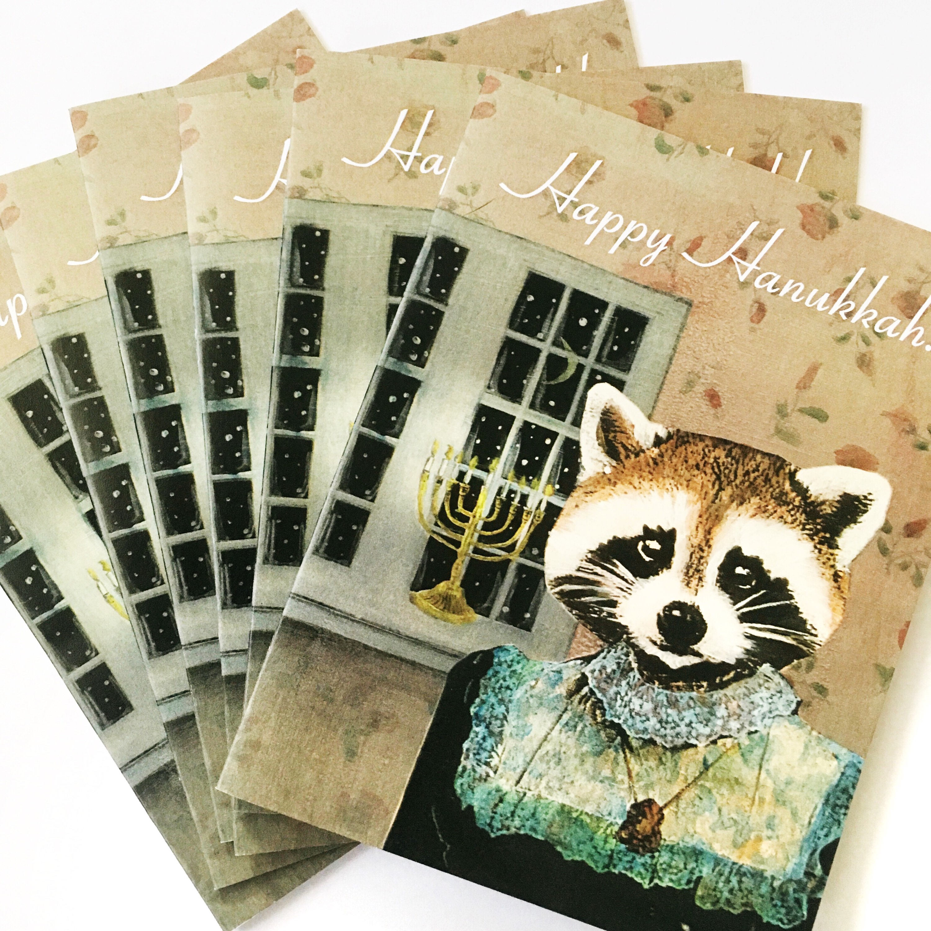 Animal Hanukkah Card or Card Set, Hanukkah Raccoon Cards, Unique Chanukah Menorah Funny Weird Jewish Holiday Stationery Set, Fancy Animals - Thumbnail 3