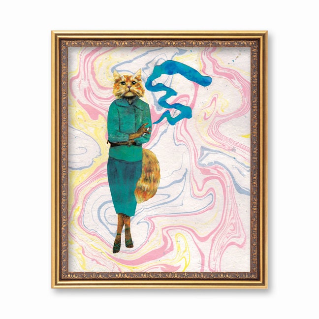 Cannabis Art Print, 8x10" Weird Cat Art, Maximalist Home Decor Poster, Bathroom Art, 420 Friendly Cat Weed Cat, Crazy Cat Lady Decor Ganja