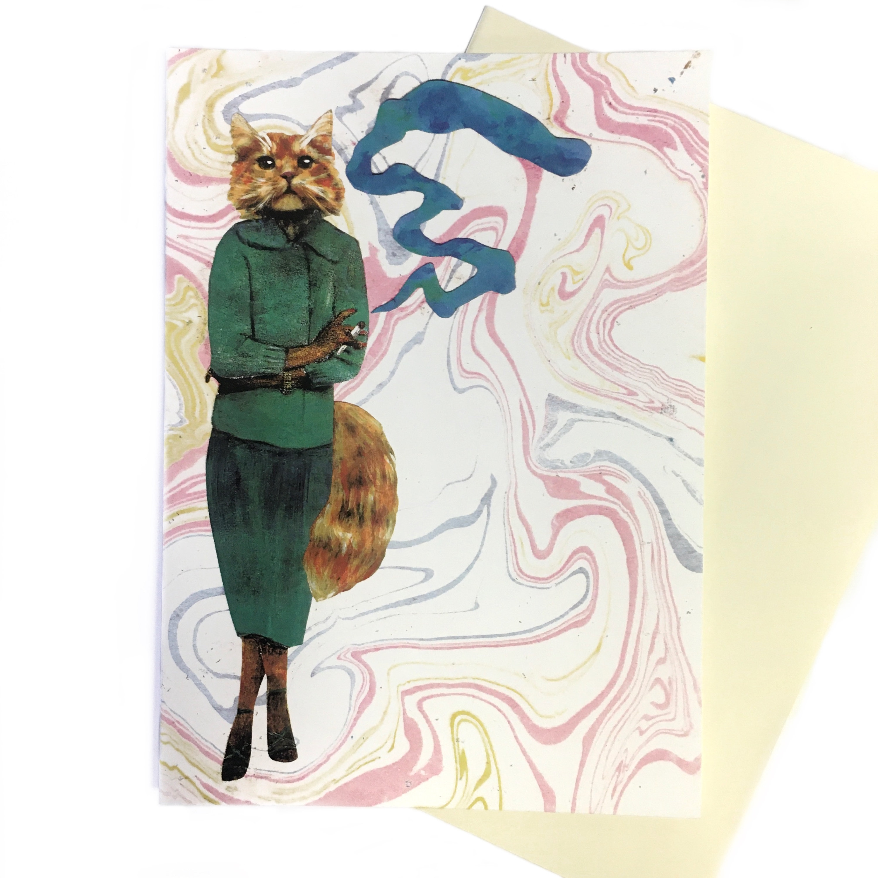 Cannabis Cat Card, Weird Cat Art, 420 Friendly Marijuana Stationery, Dressed Up Animal Art, Surreal Vintage Fashion Retro Fun Crazy Cat Lady - Thumbnail 2