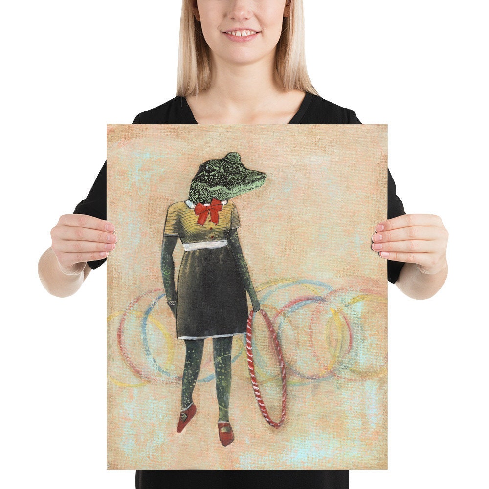 16x20 Florida Alligator Art Print, Hula Hoop Reptile Wall Decor, FL Gifts Retro Animal Weird Art, Mixed Media Poster, Vintage Crocodile Gift - Thumbnail 2