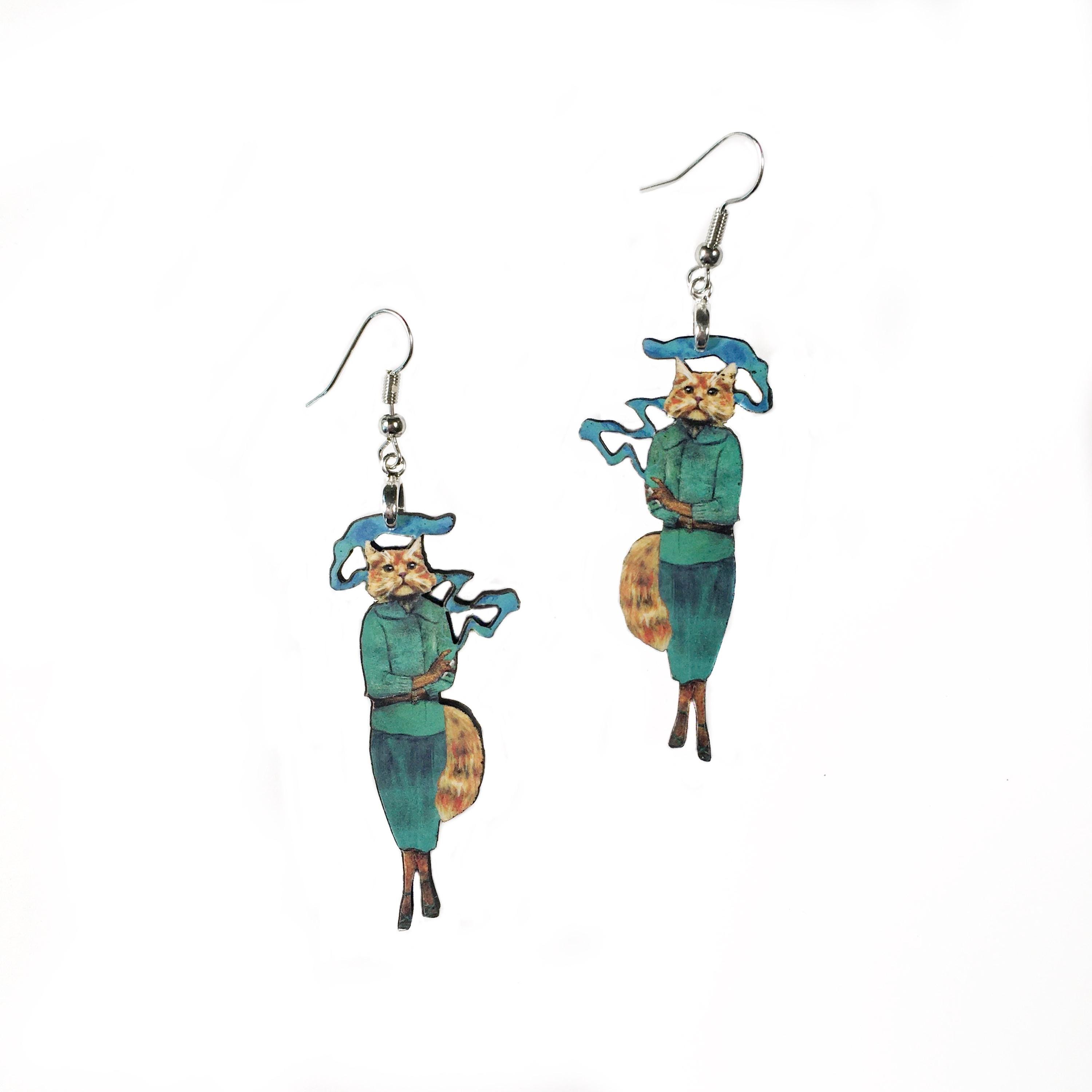 Cannabis Cat Earrings, Weird Lightweight Wood Animal Jewelry, Surgical Steel Dangle Clip On Illustrated Dressed Up Cat Smoking Funny - Thumbnail 3