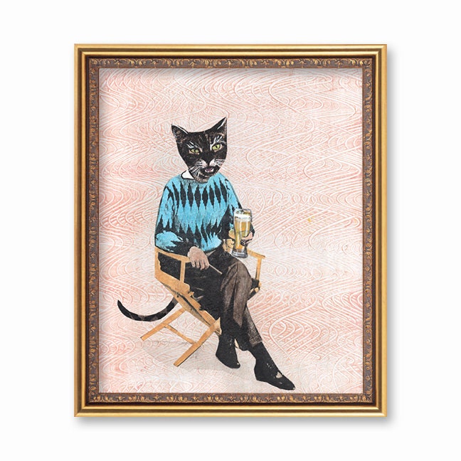 Beer Cat Art Print, 8x10 Cat Wall Art, Handmade Cat Decor, Cat Lover, Beer Lover, Beer Wall Art, Giclee Print, Vintage Mixed Media Collage