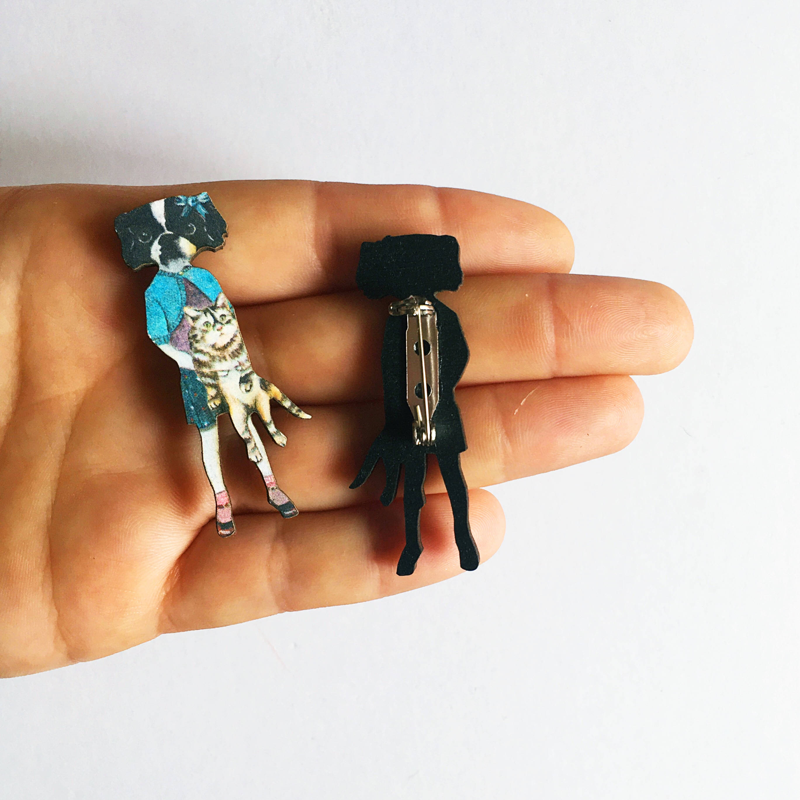 Japanese Chin Pin, Weird Dog Brooch, Dogs Lapel Pins,  Laser Cut Wood Animal Jewelry, Illustrated Dressed Up Dog and Cat, Vintage Inspired - Thumbnail 2