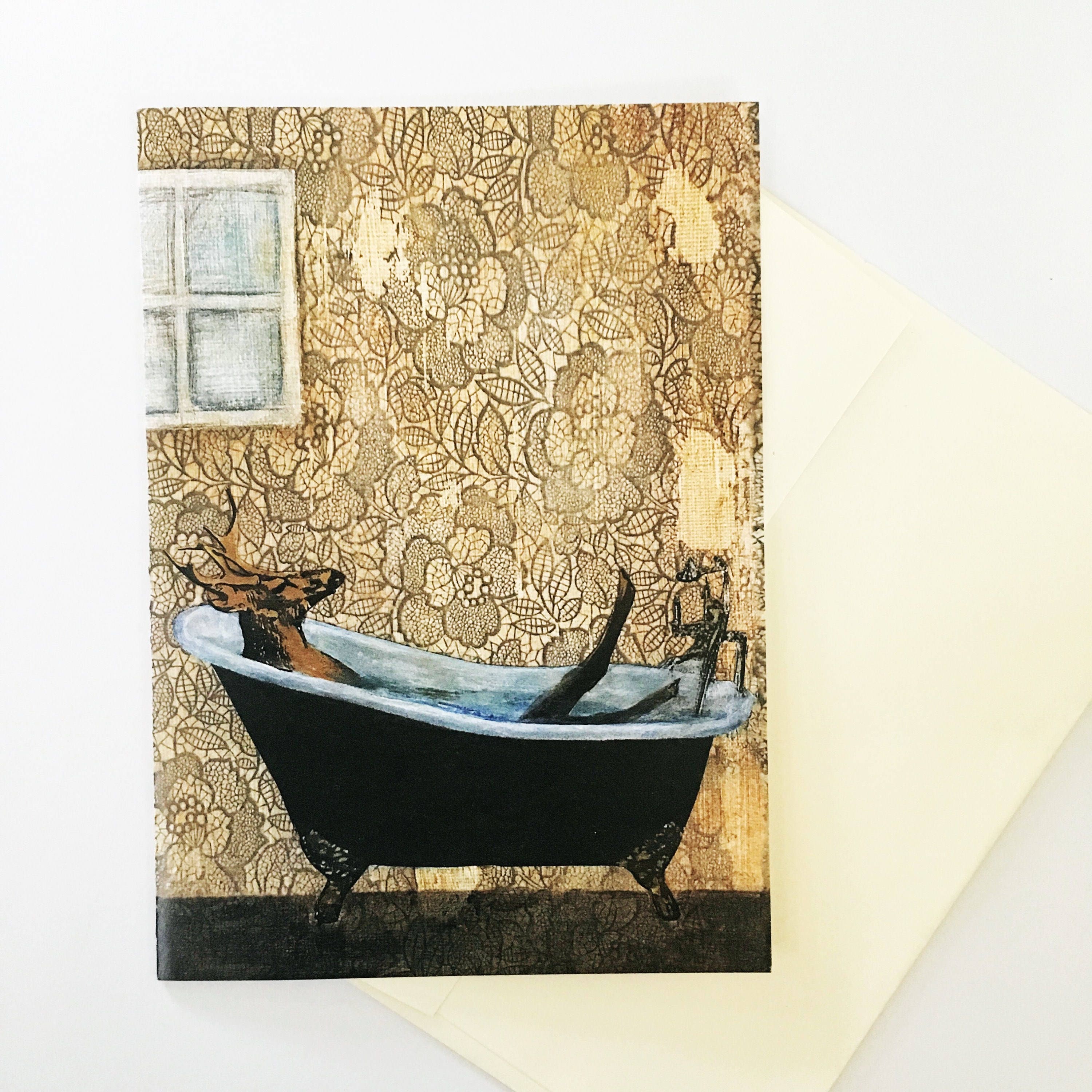 Weird Cards, Deer Bathtub Buck Blank Greeting Card, Retro Animal Stationery, Weird Art, Cards for Men, Quirky Dad Son Father's Day, Bathroom