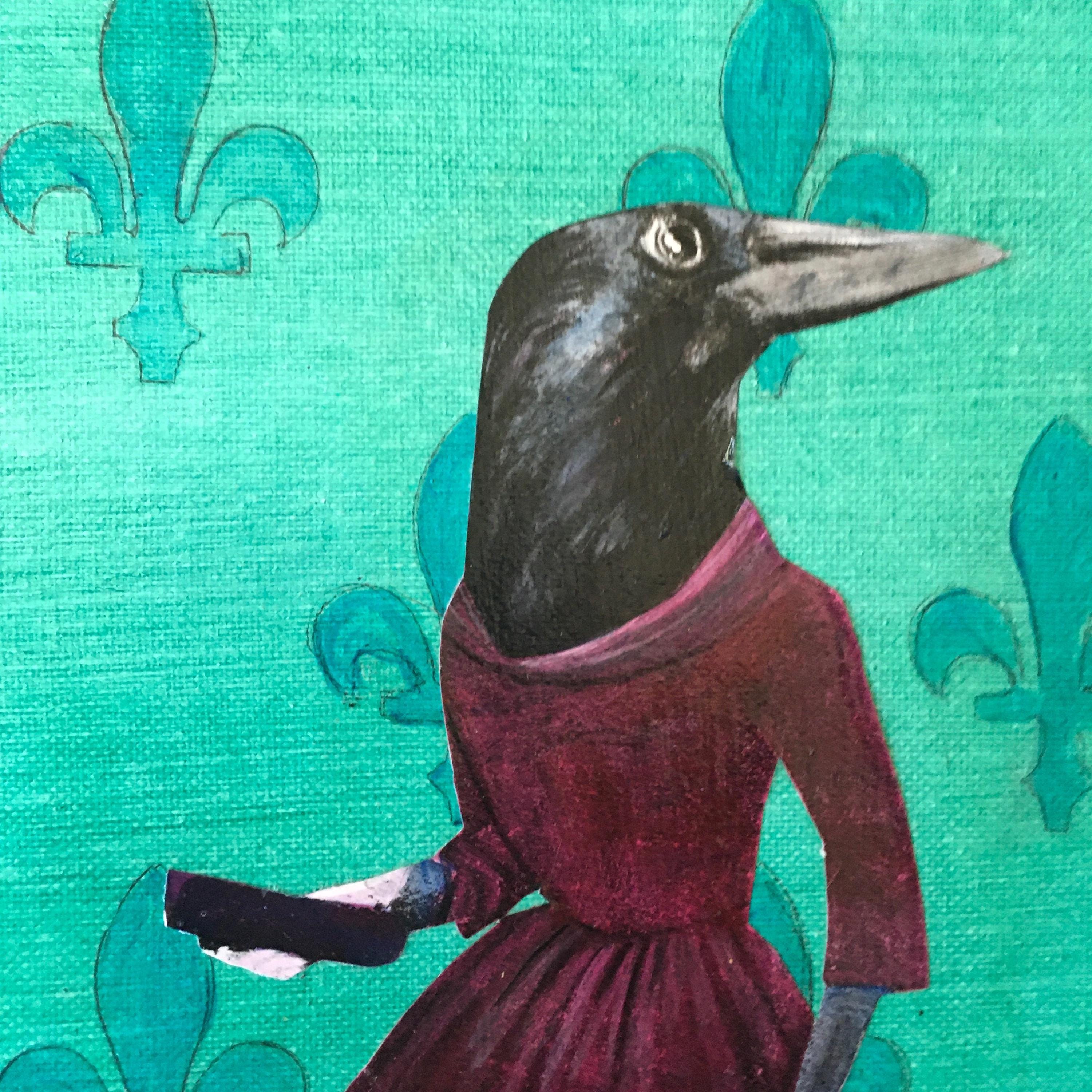 Vintage Crow Painting, Retro Inspired Mixed Media Art, Collage Wall Painting, Original Acrylic Wall Art, Weird Animal Lover Gift Green - Thumbnail 3