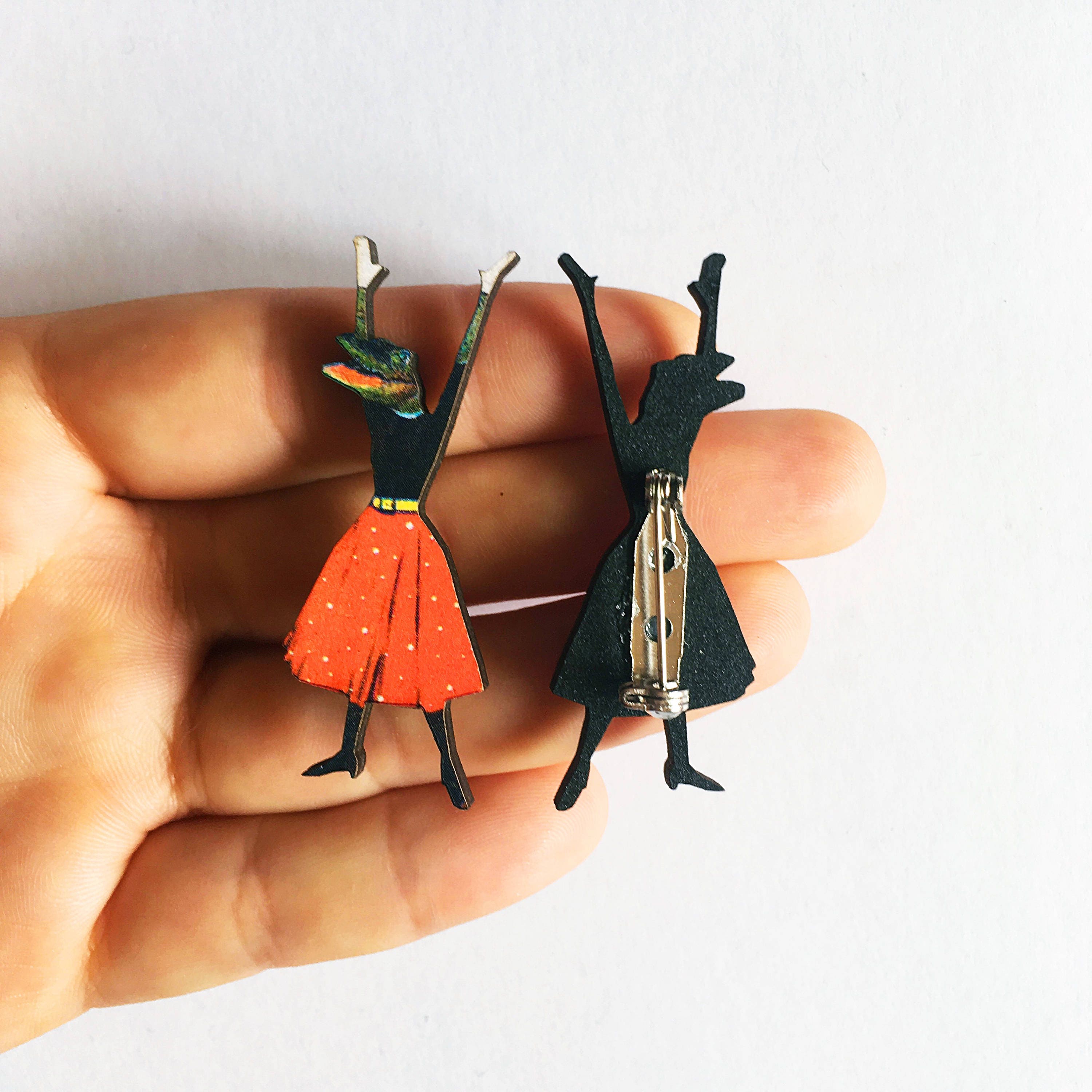 Alligator Lapel Pin, Alligator Brooch, Laser Cut Wood Florida Jewelry, Illustrated Dressed Up FL Gators, Weird Art Miami Gainesville Tampa - Thumbnail 2