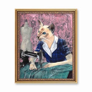 May include: A painting of a Siamese cat dressed as a seamstress, sitting at a sewing machine and working on a green fabric. The cat has blue eyes and is wearing a blue dress with a white collar. The background is a pink lace curtain.