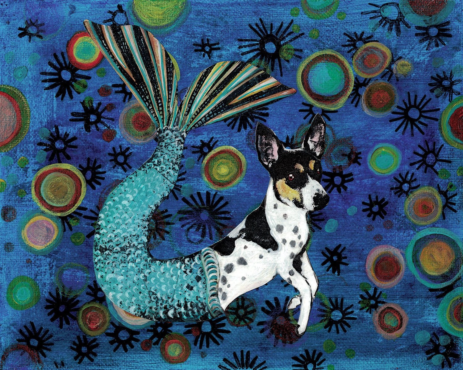 Mermaid Dog Art Print, 8x10 Dogs Wall Art, Mermaid Lover Decor, Weird Art, Beach House Gift, Unique Vintage Collage Rat Terrier Jack Russell