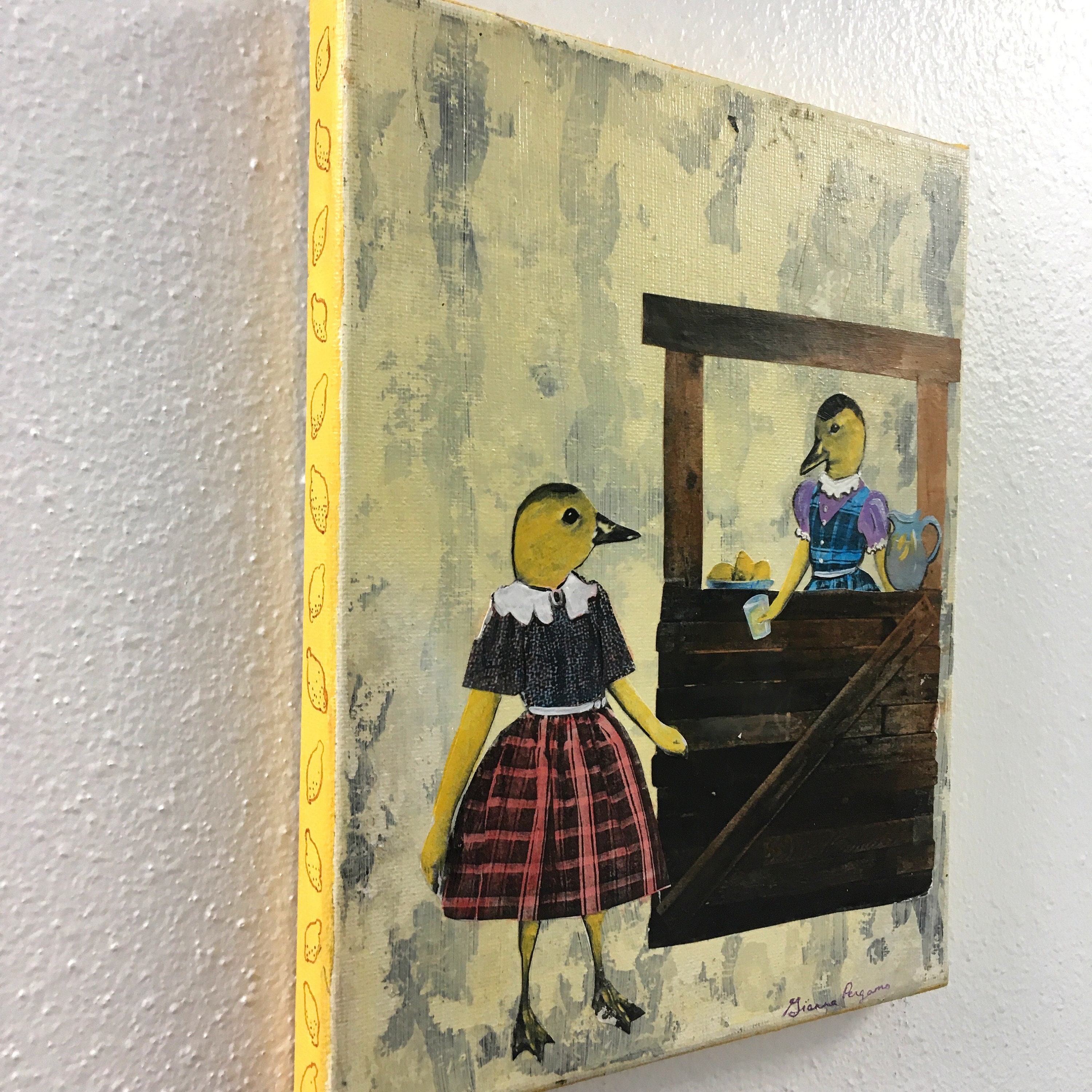 Lemonade Ducks Painting, Original Animal Gift, Collage Wall Art, Mixed Media Animal Art, Vintage Painting, Weird Art on Canvas - Thumbnail 2