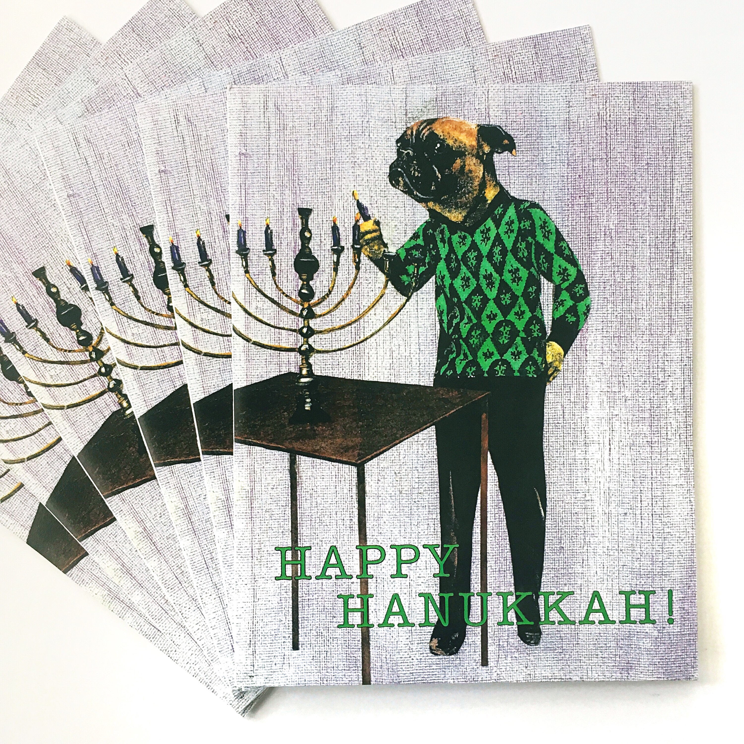 Pug Hanukkah Card or Card Set, Jewish Pug Dog, Weird Unique Chanukah Cards, Jew Holiday Stationery, Funny Surreal Fancy Animals, Wholesale - Thumbnail 2