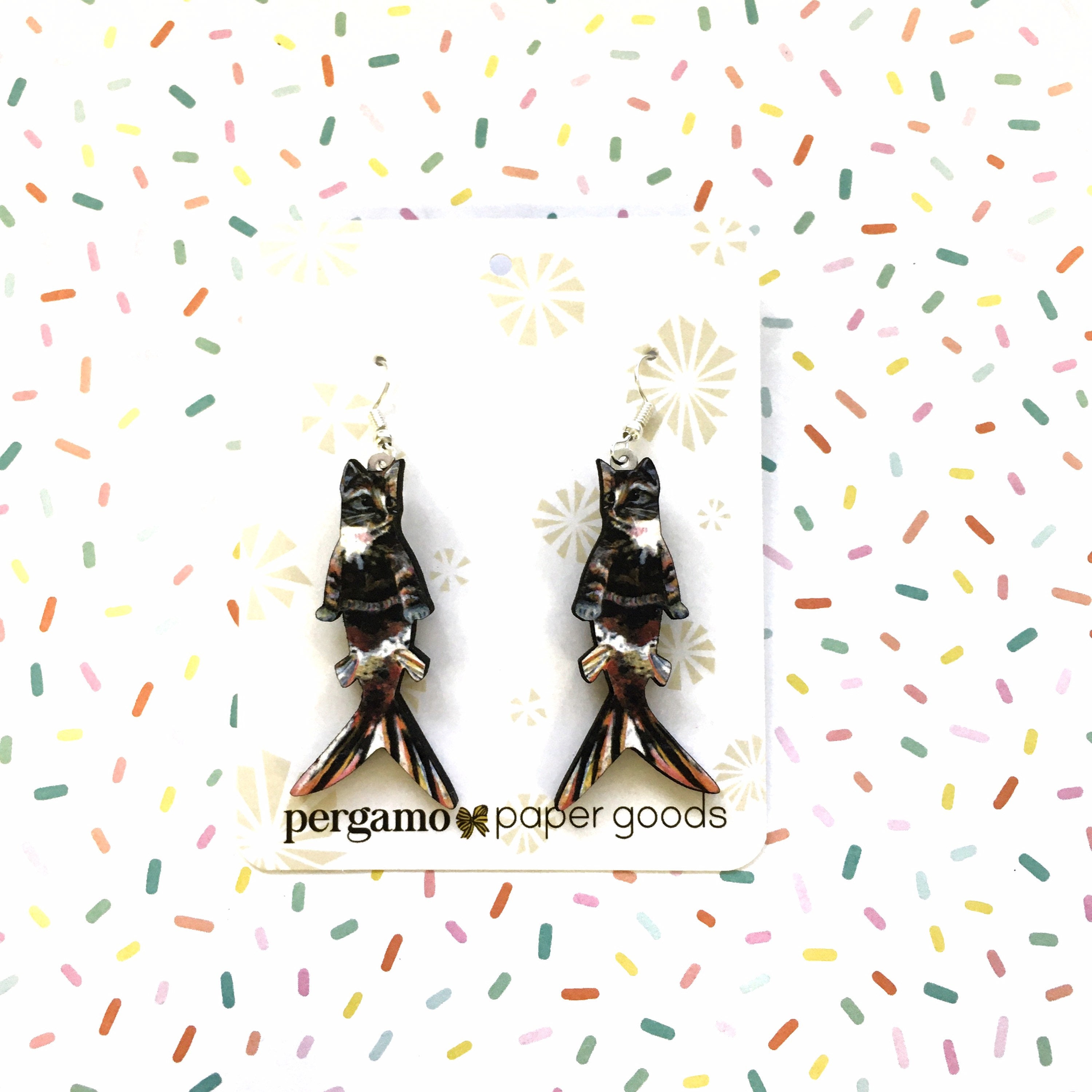 Orange Cat Earrings, Mermaid Cat Jewelry, Catfish Weird Kitsch Earrings, Stainless Steel Dangle Earrings, Illustrated Retro Calico Cat Art - Thumbnail 4