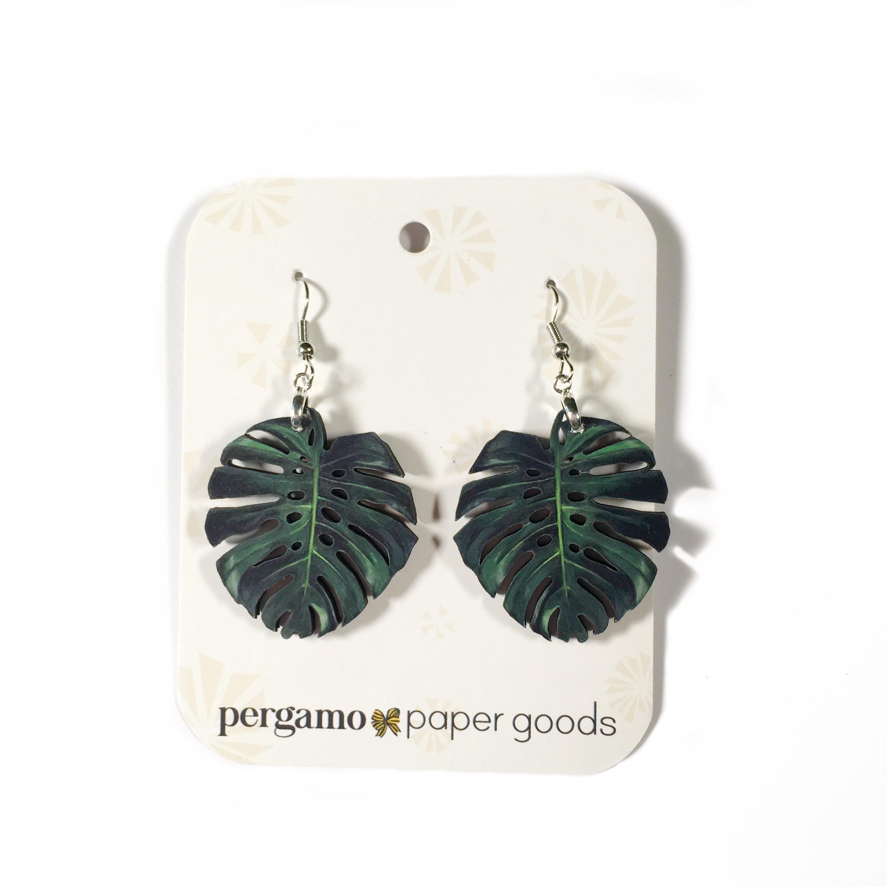 Monstera Earrings, Lightweight Wood Plant Jewelry, Surgical Steel Dangle Clip On Illustrated Tropical Tampa Florida Miami Jungle - Thumbnail 2
