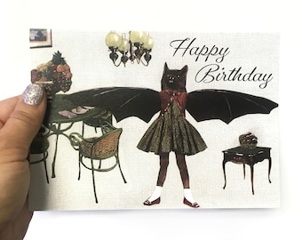 Bat Birthday Card, Weird Cards, Retro Weird Art, Goth Animal Stationery, Vintage Fashion Surreal Halloween Gifts, Goblincore, Animal Collage