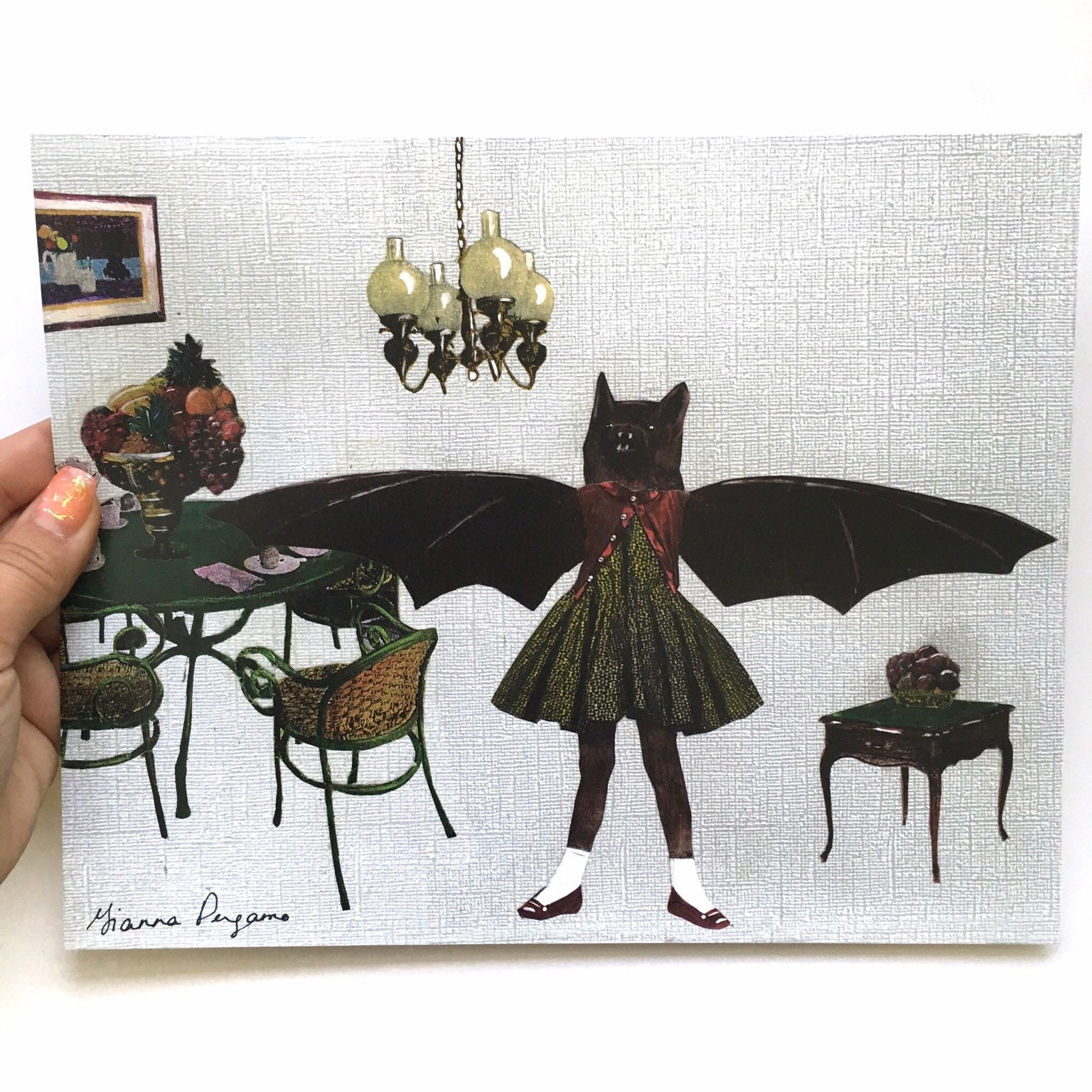 Bat Art Print, Halloween Art, Retro Housewarming Gift, Weird Art, Vintage Halloween Decor Gifts, Collage for Animal Lovers Goblincore Poster - Thumbnail 3