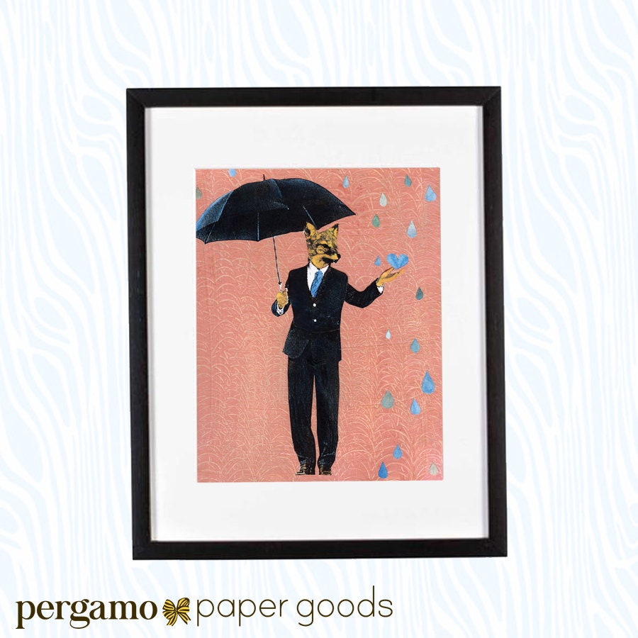 Fox Art Print, 8x10 Fox Holding Umbrella, Retro Dressed Up Animals in Clothes, Weird Art, Vintage Animal Decor, Rainy Season, Sun Shower - Thumbnail 3