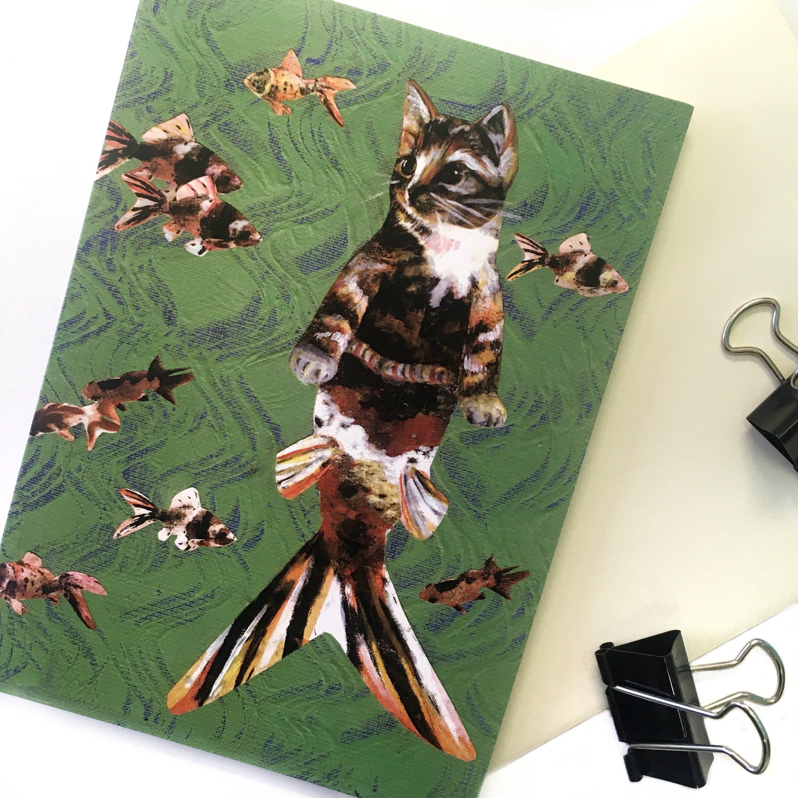 Mermaid Cat Card, Orange Cat Lover Mer-Cat Greeting Cards, Unique Illustration, Weird Art, Vintage Mermaid Surreal Calico Kitten Rescue