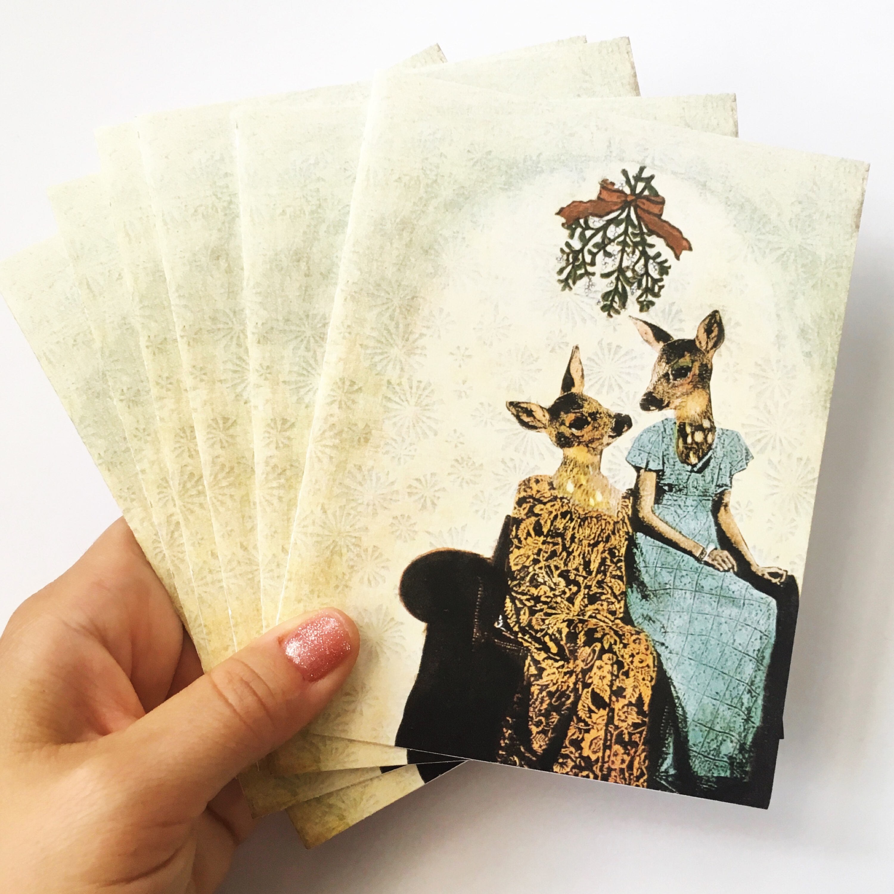 Lesbian Holiday Card or Card Set, Mistletoe Deer Christmas Cards, Unique Gay Retro Illustrated Holiday Card, LGBTQ Cards Queer LGBT Bisexual - Thumbnail 3