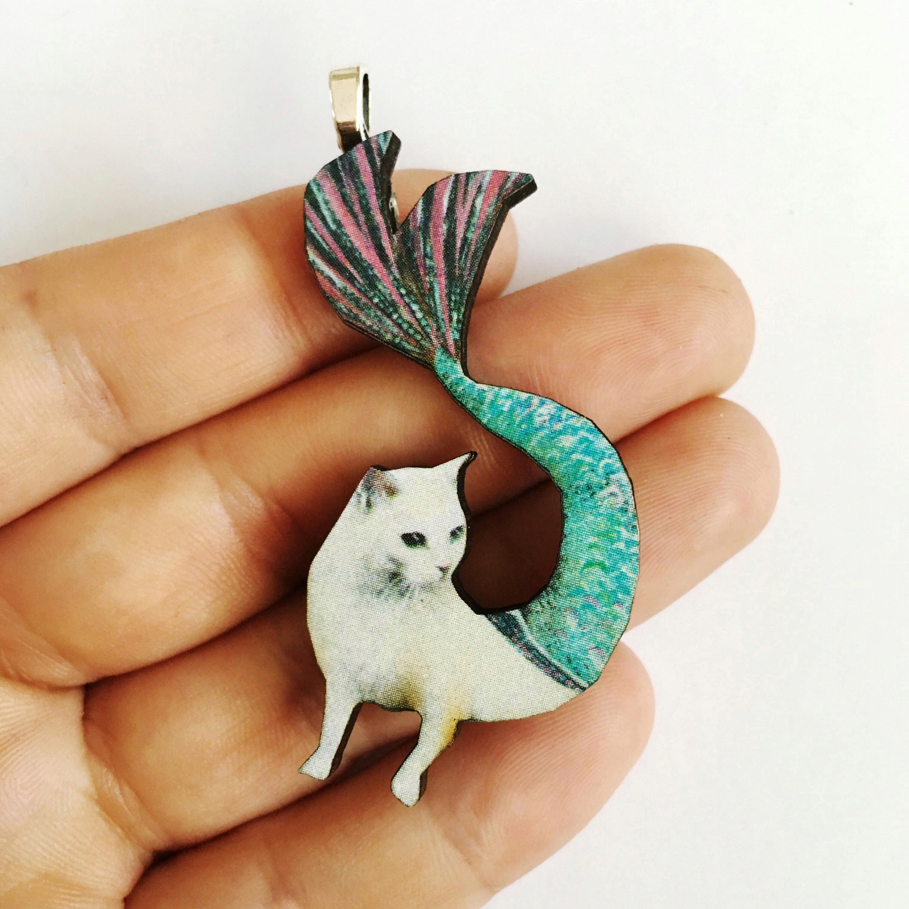 Mermaid Cat Pendant Necklace, White Cat Jewelry Weird, Laser Cut Wood, Illustrated Mermaid Retro Cats Vintage Surreal Illustration Kitty - Thumbnail 2