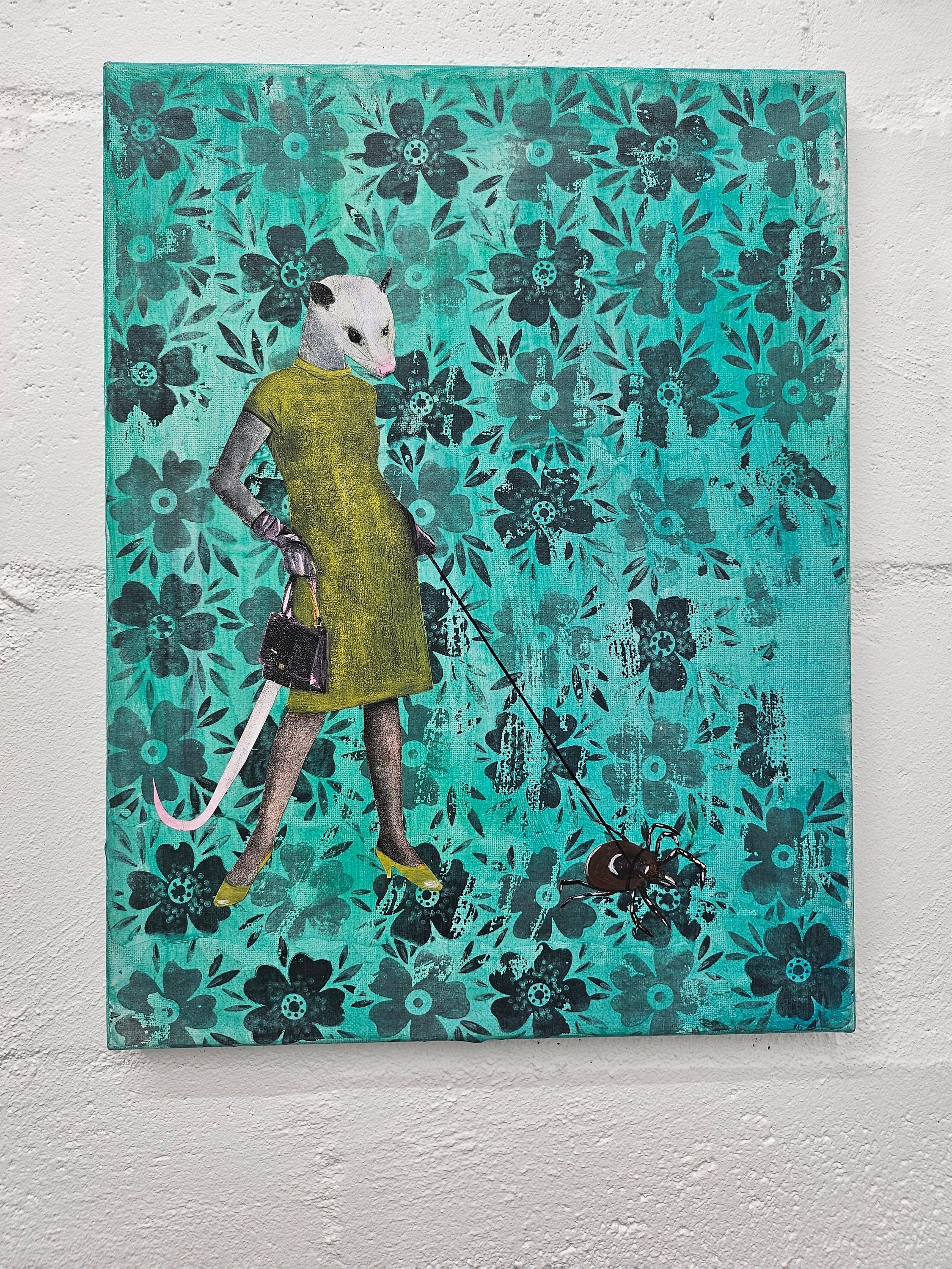 Possum Painting, Original Animal Gift, Collage Wall Art, Mixed Media Animal Art, Vintage Painting, Weird Art on Canvas, Marsupial Funny Tick