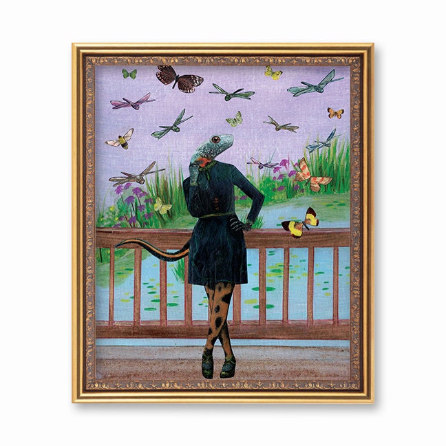 Vintage Lizard Art Print, Amphibian Newt Kitschy Retro Fashion Housewarming Gift, Weird Art, Kitsch Decor Gifts, Collage Illustration