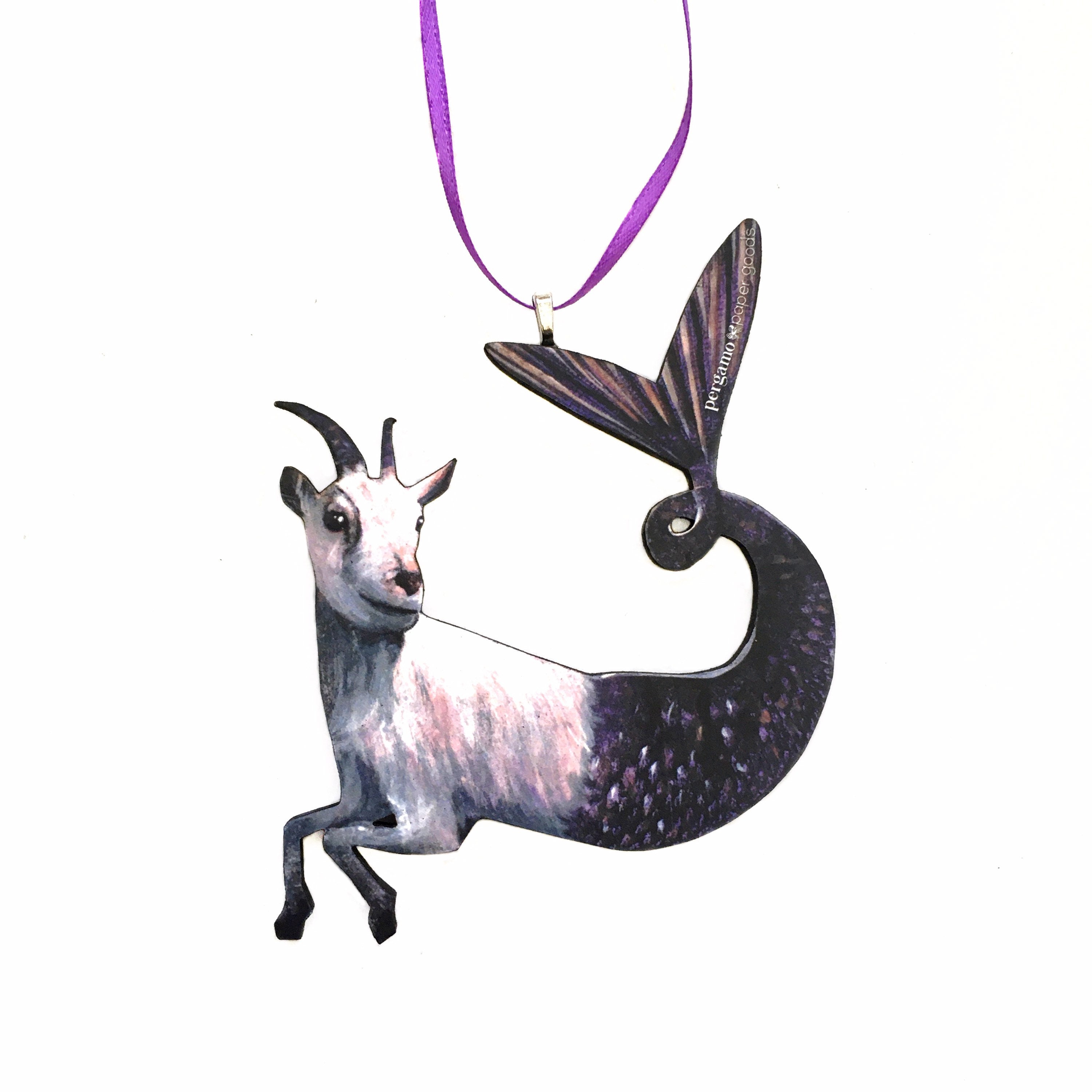 Capricorn Ornament, Mermaid Goat Christmas Decoration, Illustrated Zodiac Gift, Stocking Stuffer Weird Gifts, Wood Farm Holiday Decor - Thumbnail 3