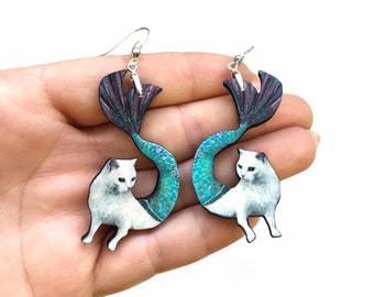 Mermaid Cat Earrings, Cat Jewelry, Weird Earrings, Kitsch Earrings, Stainless Steel Laser Cut Wood Dangle Earrings, Illustrated Retro Cat