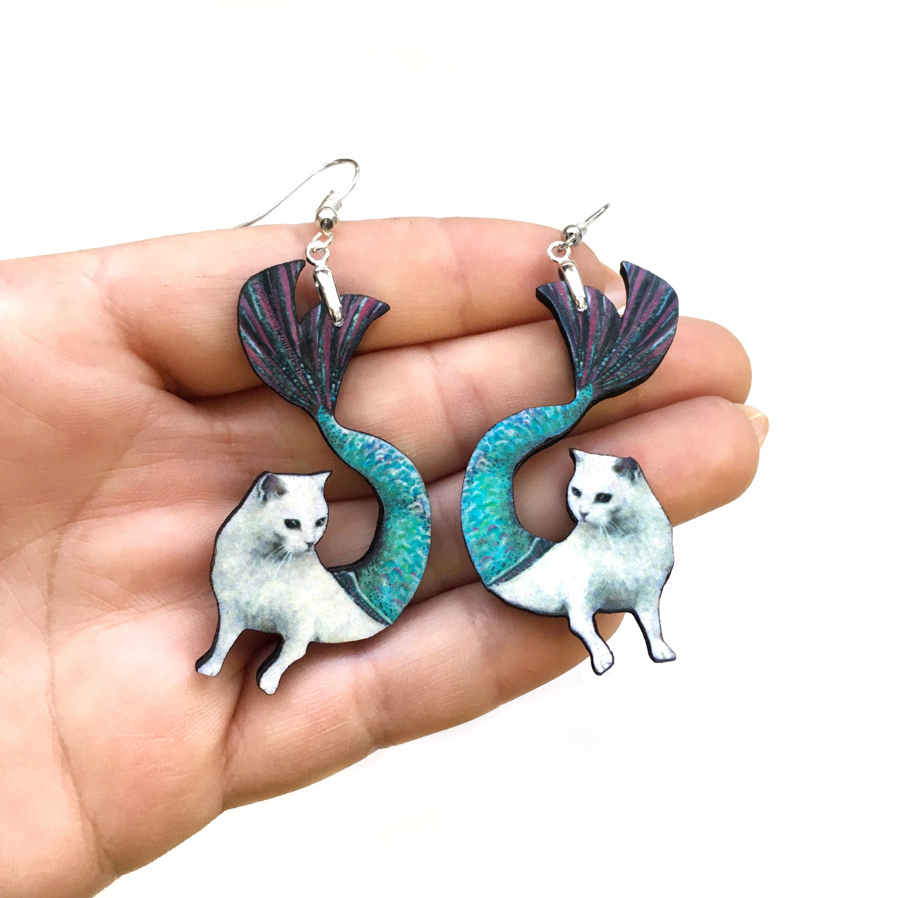 Mermaid Cat Earrings, Cat Jewelry, Weird Earrings, Kitsch Earrings, Stainless Steel Laser Cut Wood Dangle Earrings, Illustrated Retro Cat