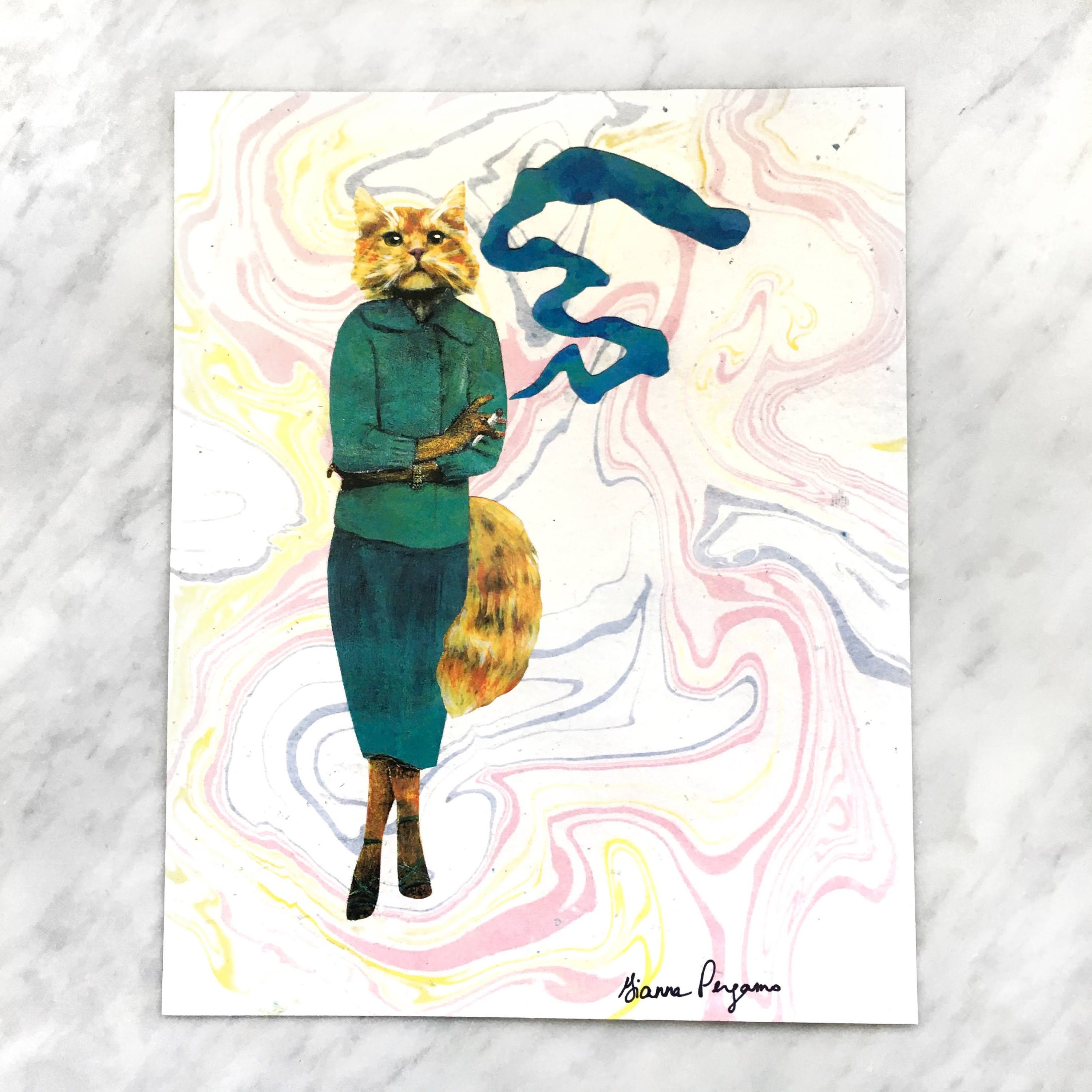 Cannabis Art Print, 8x10" Weird Cat Art, Maximalist Home Decor Poster, Bathroom Art, 420 Friendly Cat Weed Cat, Crazy Cat Lady Decor Ganja - Thumbnail 3