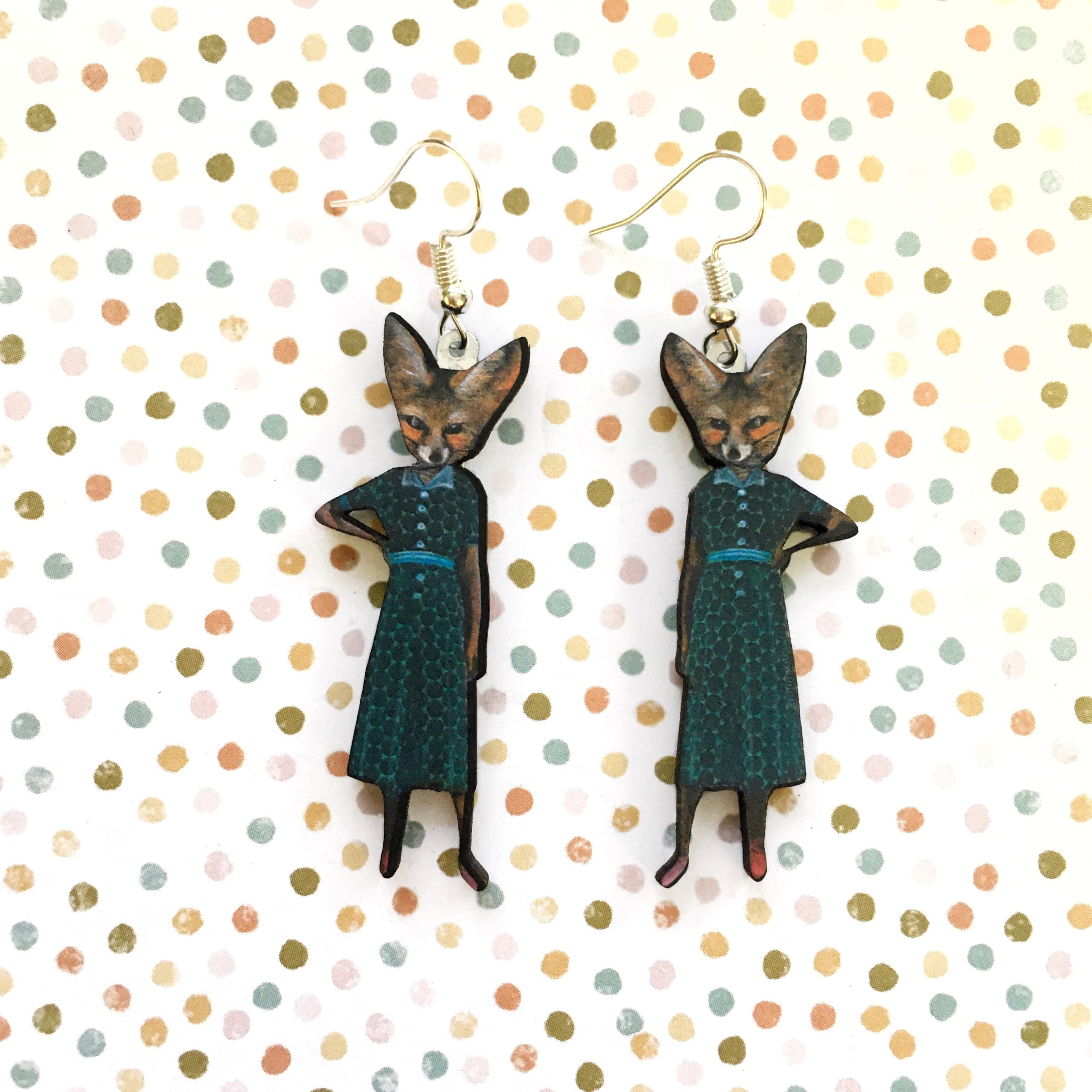 Kitsch Earrings, Retro Fennec Fox Jewelry, Sassy Weird Earrings, Surgical Steel Dangle or Clip On Ons, Vintage Animals, Animal Lover Gift - Thumbnail 2