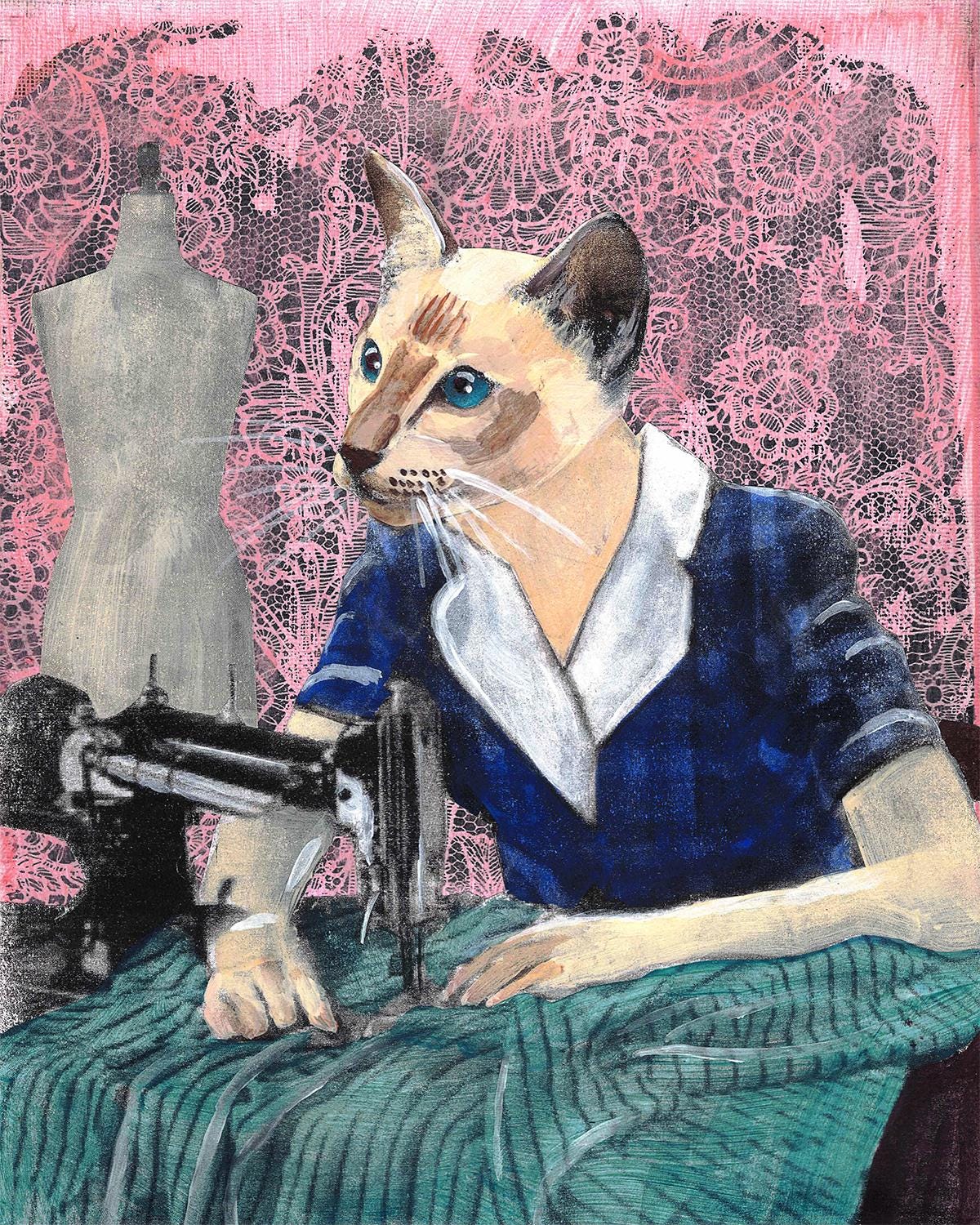 Sewing Cat Art Print, 8x10 Retro Wall Decor, Sewing Machine Gifts, Surreal Vintage Cats, Weird Art Kitsch, Embroidery Quilting Kitty - Thumbnail 2