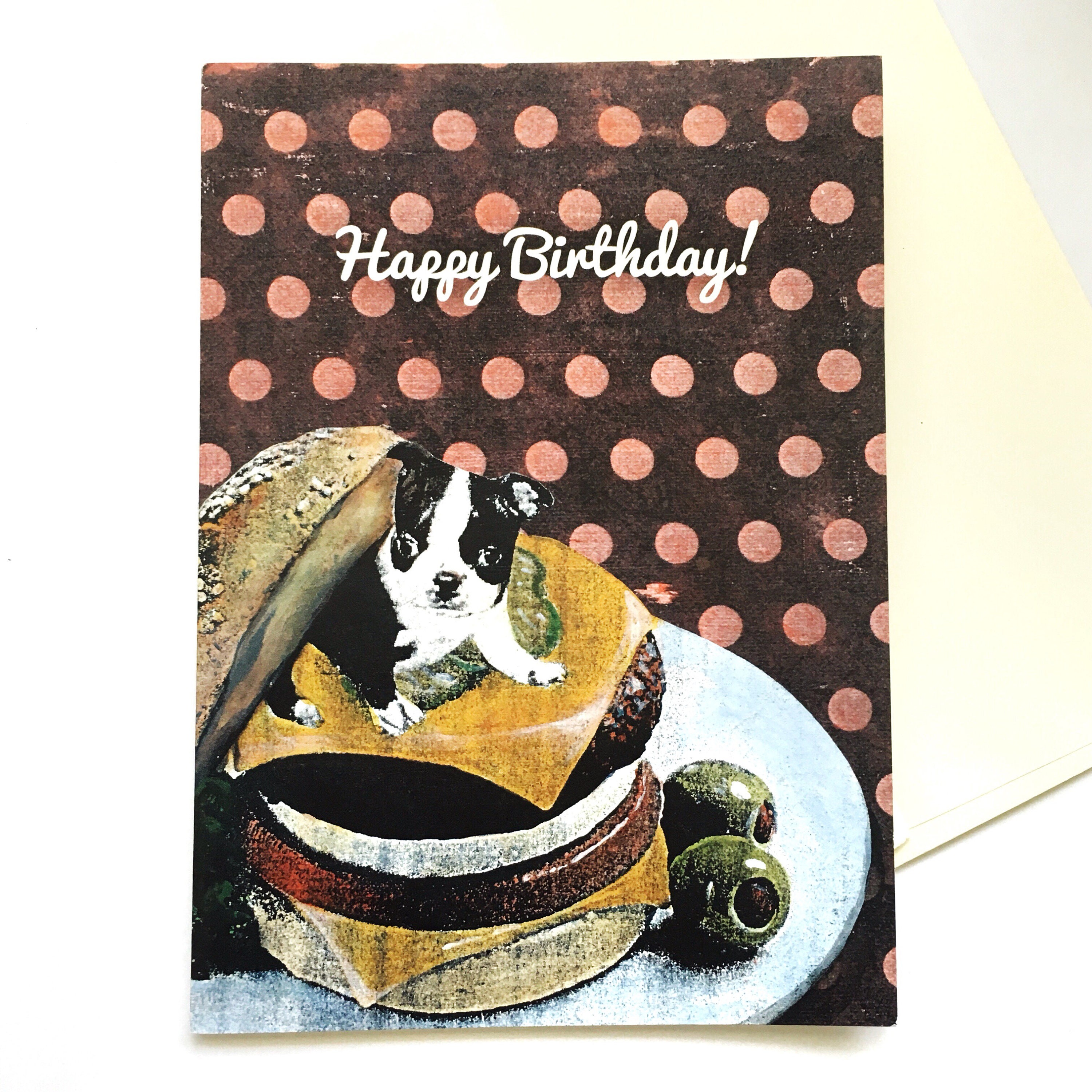 Boston Terrier Birthday Card, Dog Birthday Cards for Boyfriend, Funny Illustration, Vintage Hamburger Cheeseburger Gift, Weird Art for Men - Image 1