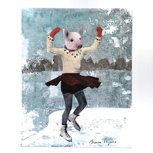 May include: A pig wearing a sweater and a skirt ice skates on a snowy surface. The pig is wearing red mittens and has a festive look on its face. The background is a light blue with a white and gray textured pattern.
