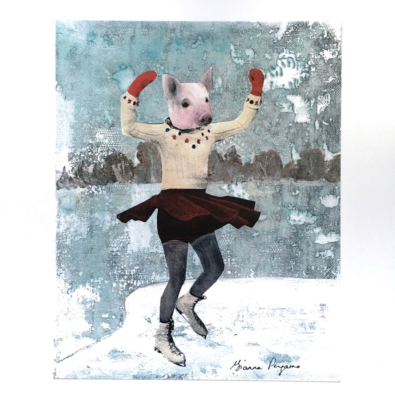 May include: A pig wearing a sweater and a skirt ice skates on a snowy surface. The pig is wearing red mittens and has a festive look on its face. The background is a light blue with a white and gray textured pattern.