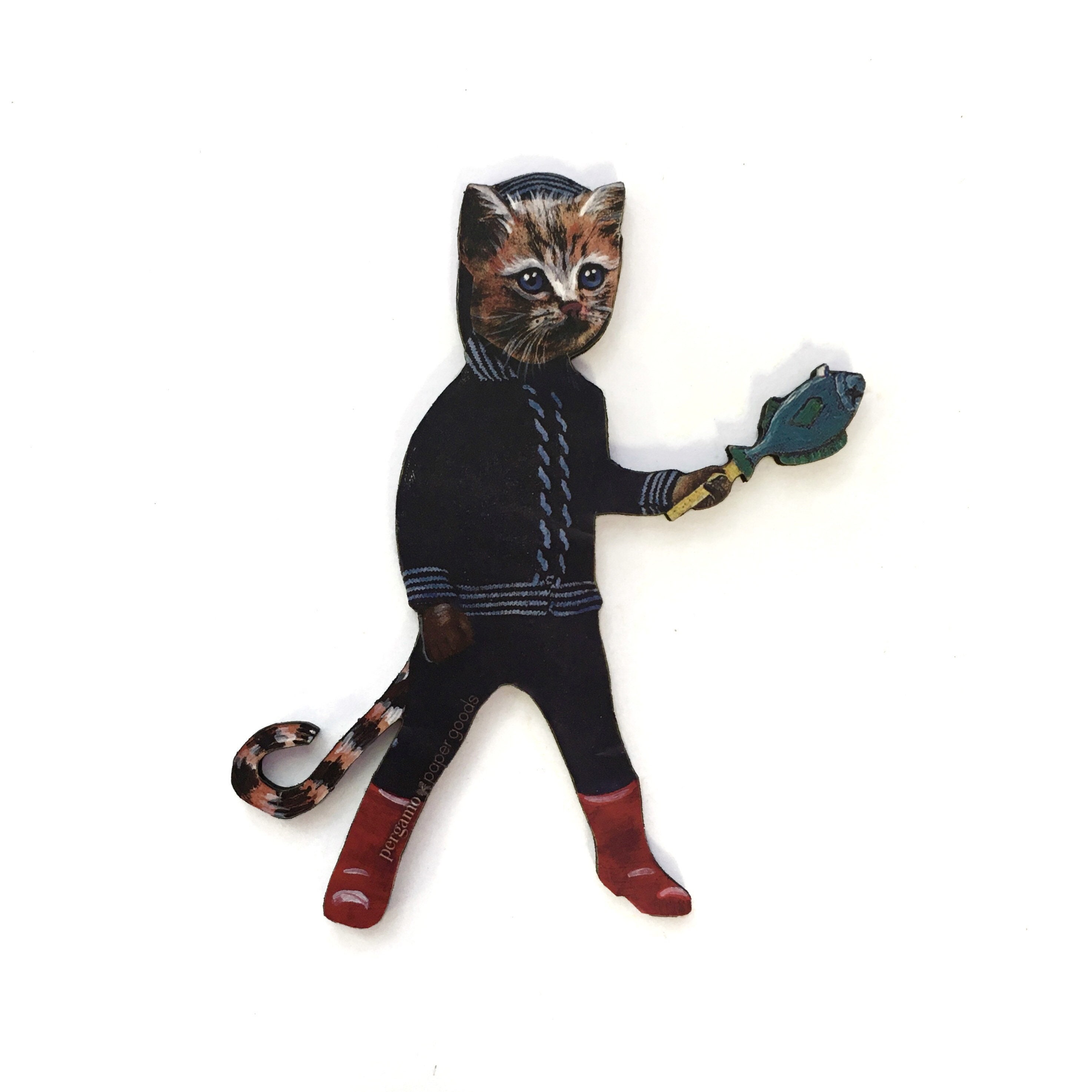 Calico Cat Magnet, Weird Cat Sailor Animal Refrigerator Magnets Fridge, Laser Cut Wood, Illustrated Gift Vintage, Animal Rescue, Fishing - Thumbnail 2