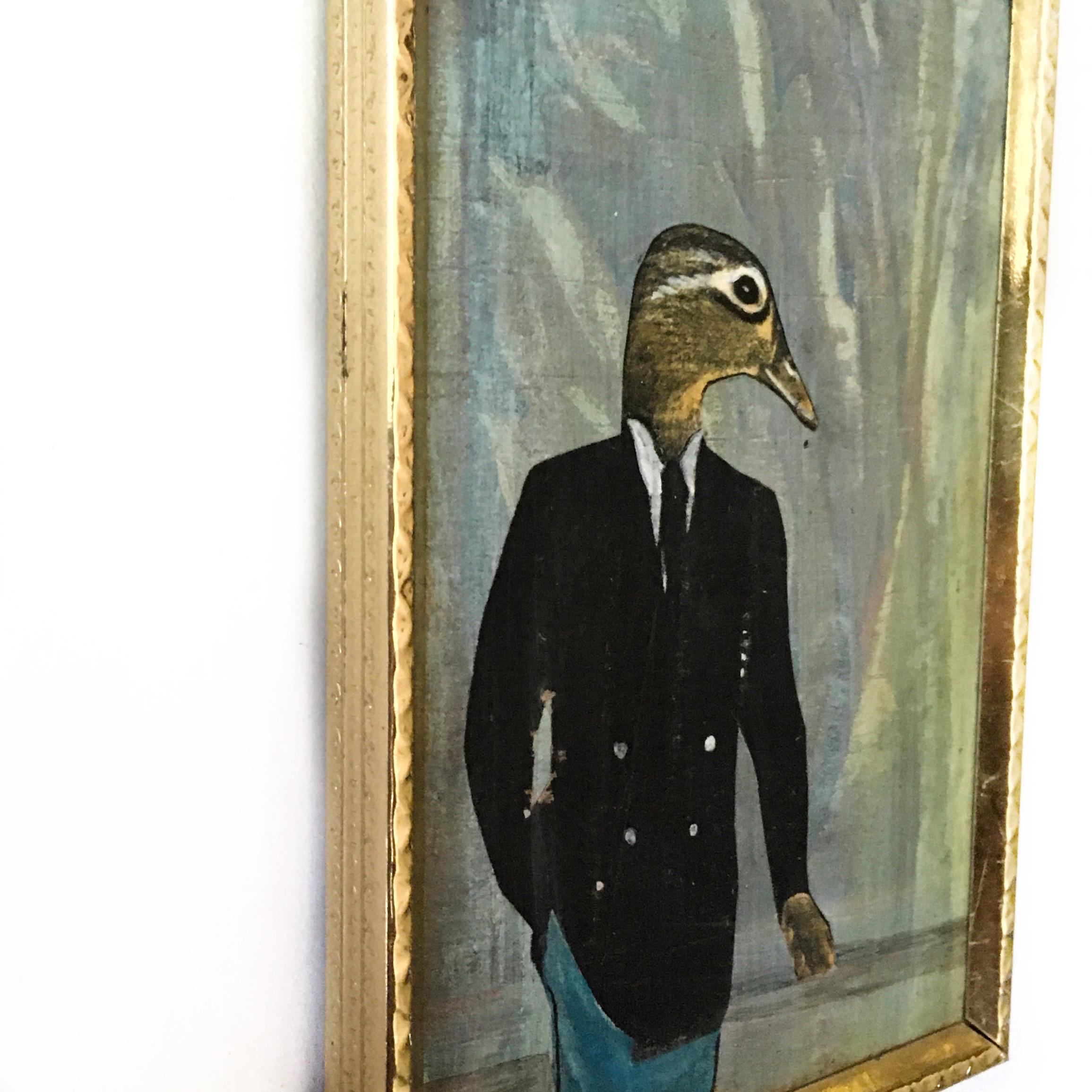 Mini Duck Painting, Vintage Inspired Mixed Media Art, Collage Wall Painting, Original Acrylic Artwork, Weird Animal Lover Gift for Vet - Thumbnail 3