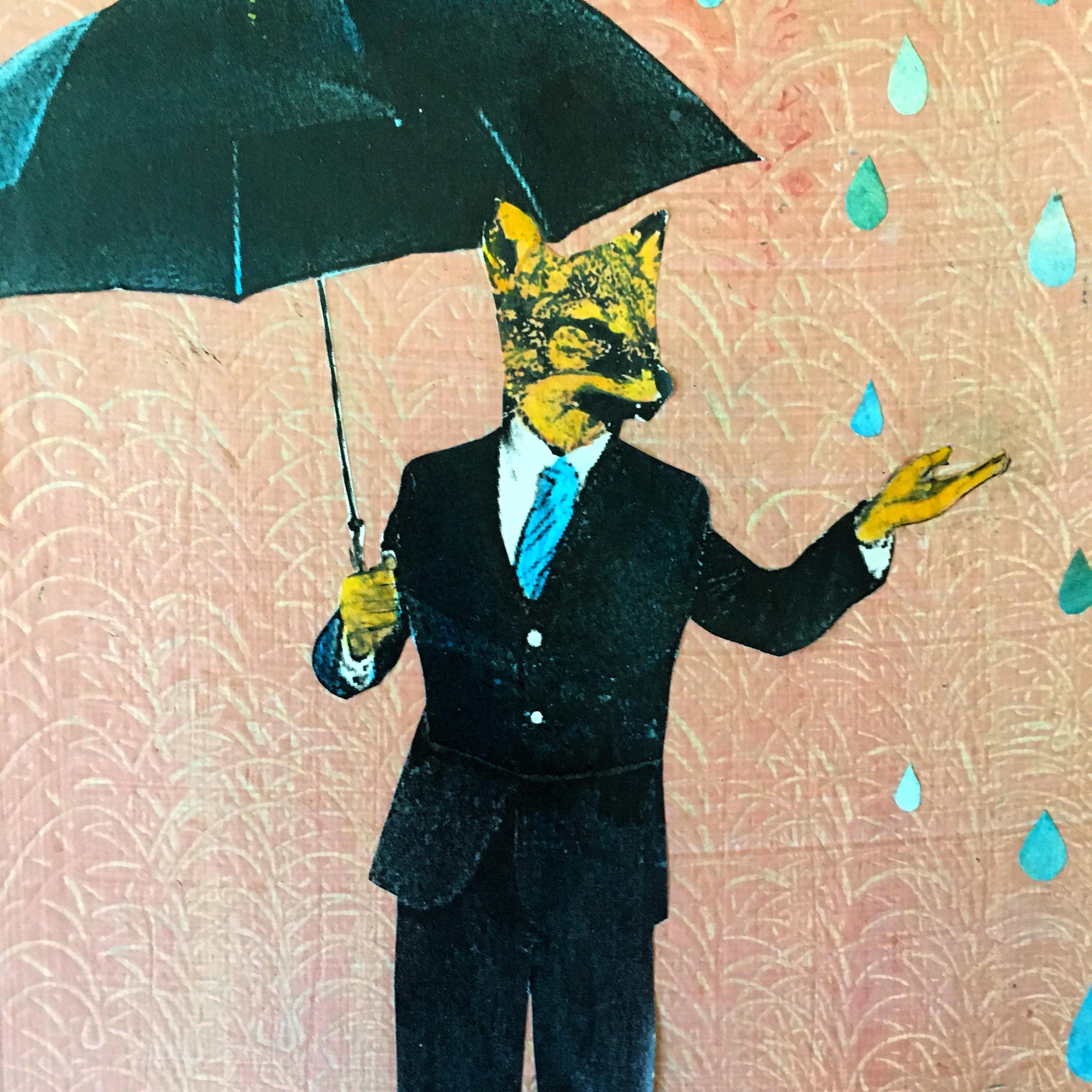 Rain Fox Art, Vintage Animal Mixed Media Painting, Strange and Unusual Collage, Kitschy Cute Inspired Decor, Kitsch Retro Art for Men - Thumbnail 3