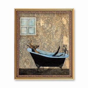 May include: A framed painting of a deer in a bathtub with blue water. The deer has antlers and is lying in the tub with its legs sticking out. The background is a patterned wallpaper with a window in the upper left corner.