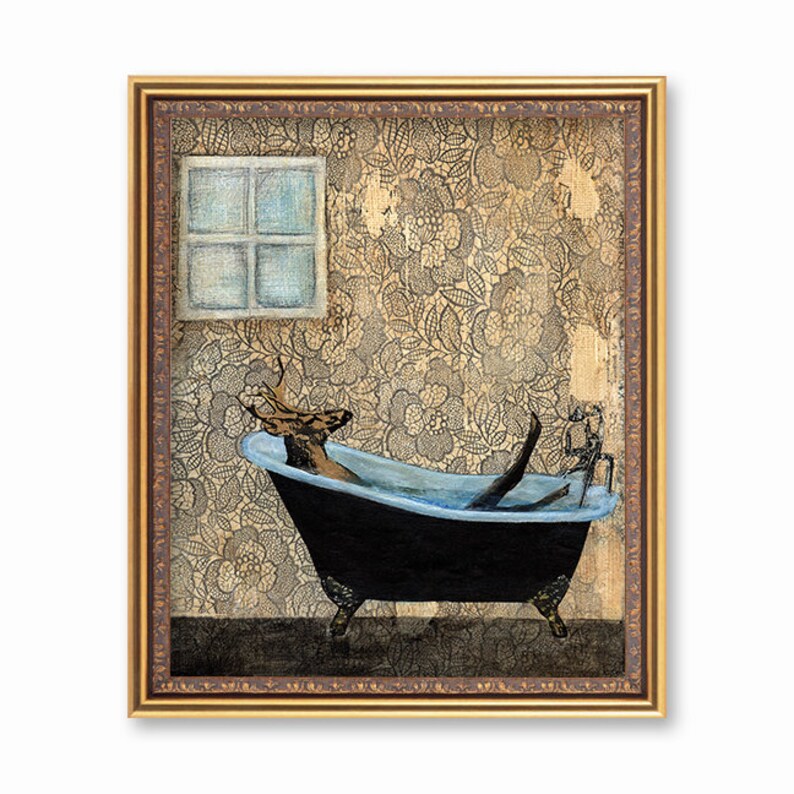 Animal Bathroom Art Print 8x10 Bath Deer in Bathtub Etsy