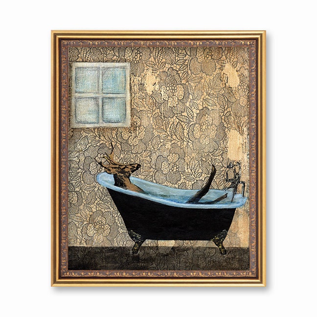 Animal Bathroom Art Print, 8x10" Bath Deer in Bathtub tub, Vintage Home Decor, Retro Weird Gifts for Him, Gift for Dad, Father's Day Antlers - Thumbnail 2