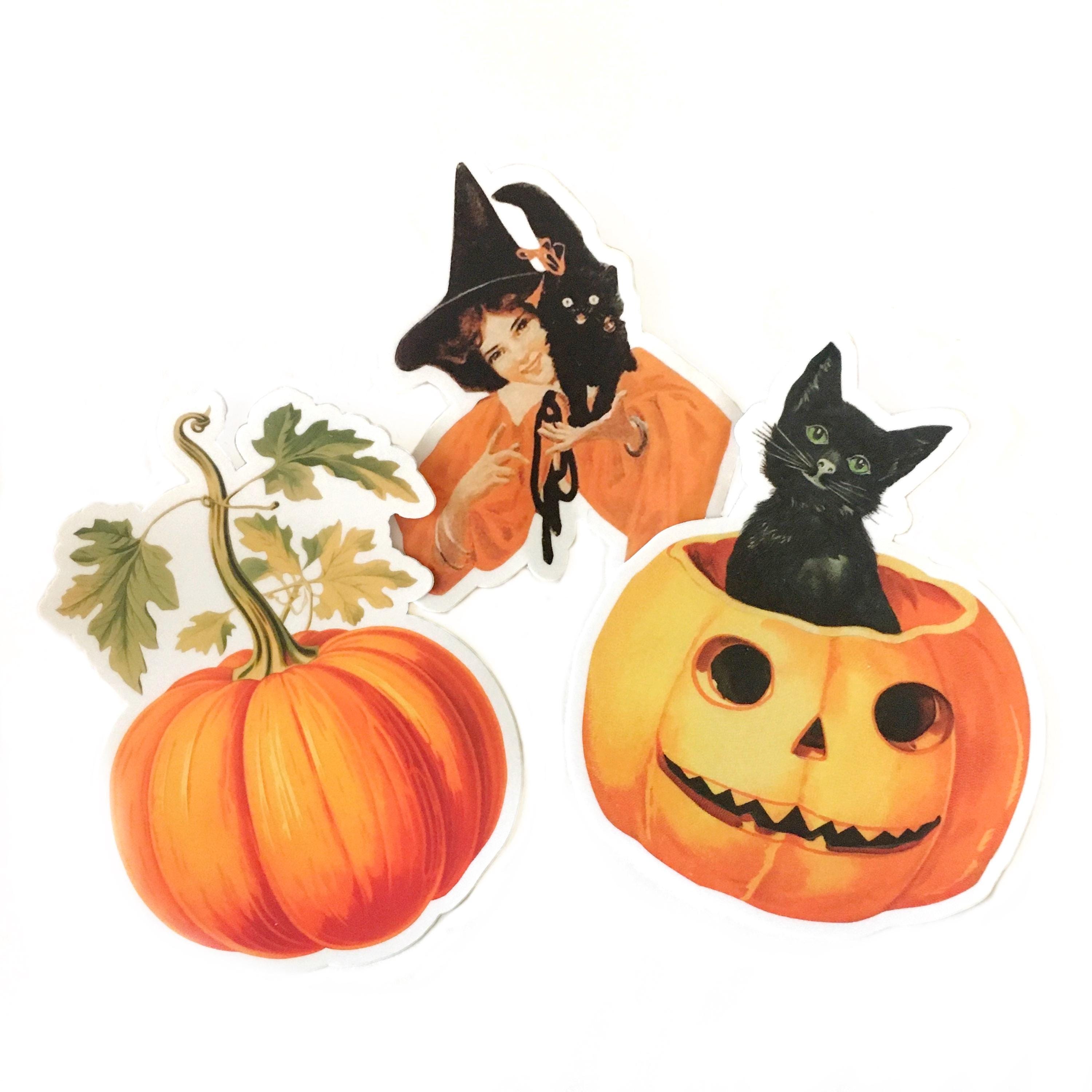 Halloween Vinyl Stickers, Vintage Halloween Pumpkin Witch Cat, Creepy Scary, Laptop Decals Decal Antique Retro Mix and Match Sticker Pack