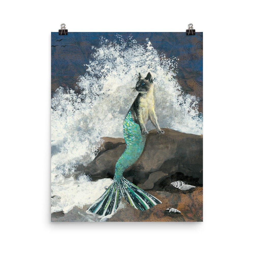 Mermaid Cat Poster, 16x20" Mer-Cat Illustration, Mermaid Art, Bathroom Art Weird Art Dorm, Funny Mixed Media Animal Lover, Crazy Cat Lady