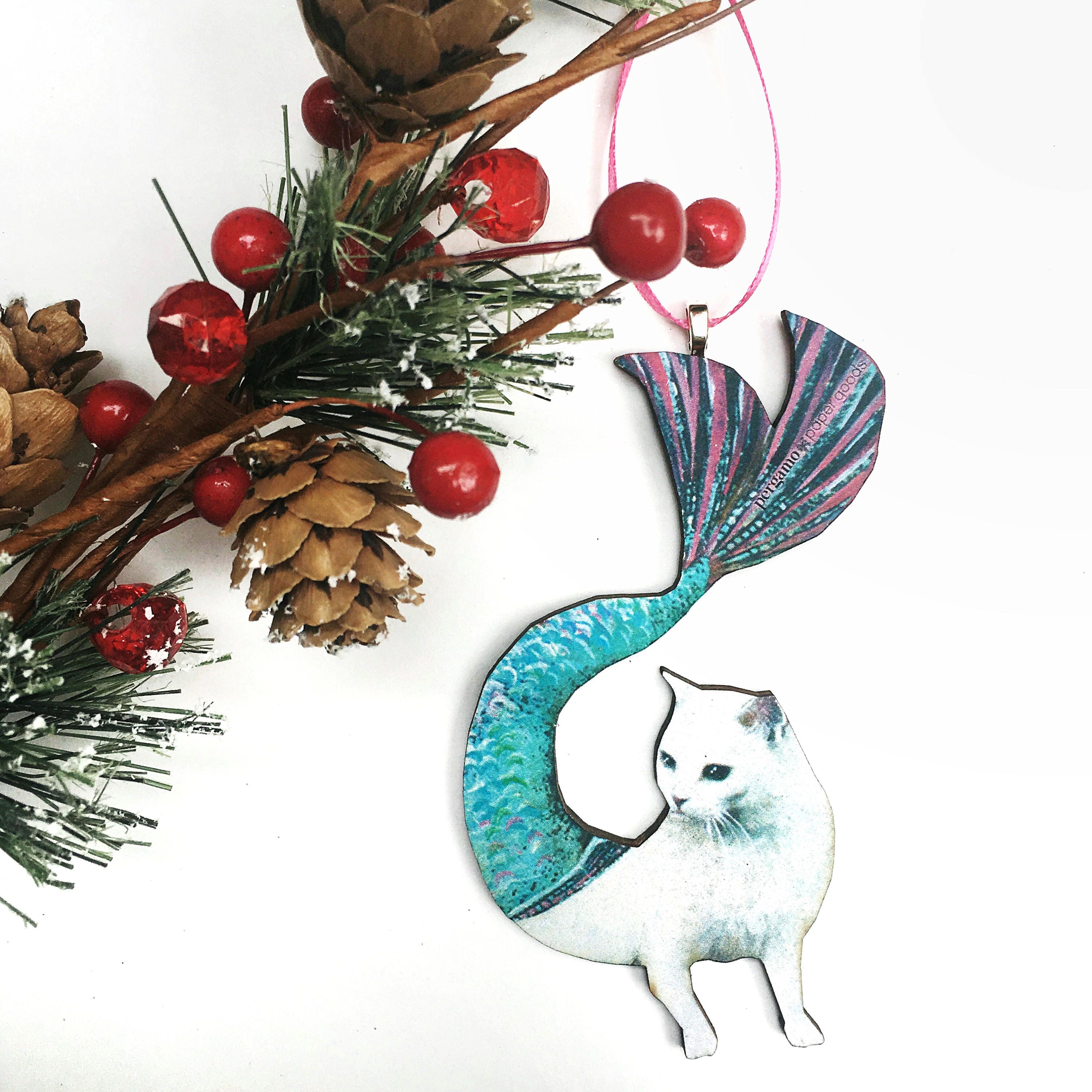 Mermaid Cat Ornament, Collectible Christmas Decoration Ornaments, Weird Gift, Laser Cut Wood, Animal Rescue Foster Gifts for Cat Lovers - Thumbnail 5