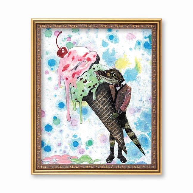 Alligator Weird Art Print, 8x10 Retro Wall Decor, Ice Cream Shop, Dessert Sweets Surreal Vintage Florida Gators, Weird Art Kitsch Animal